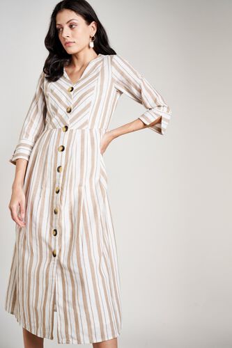 4 - Cream Stripes V-Neck Fit and Flare Cuff Midi Dress, image 4