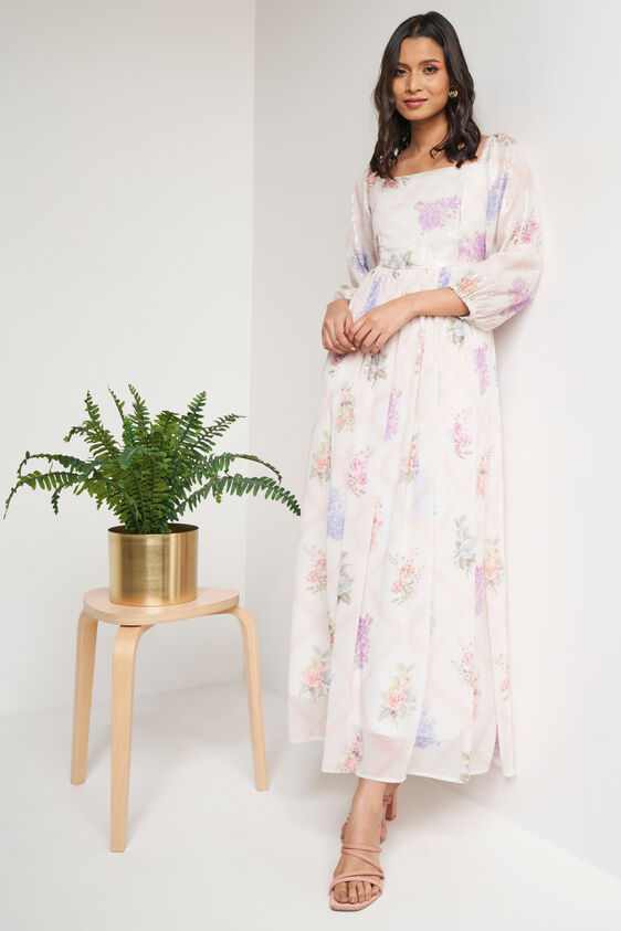 Cream Floral Flared Gown, Cream, image 3