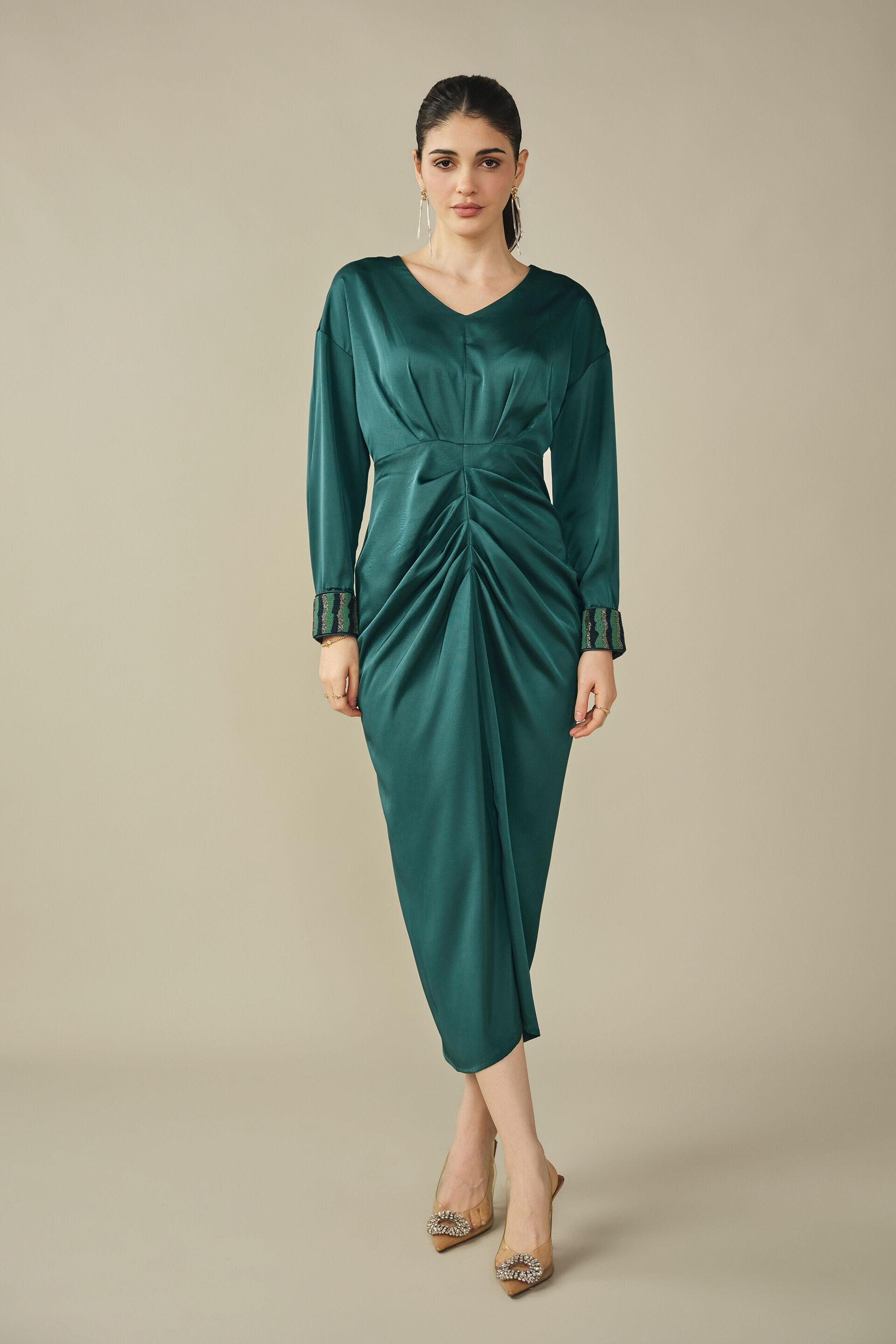 Draped Satin Dress in Green, Green, image 1