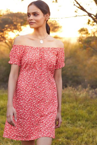 1 - Red Floral Printed Fit And Flare Dress, image 1