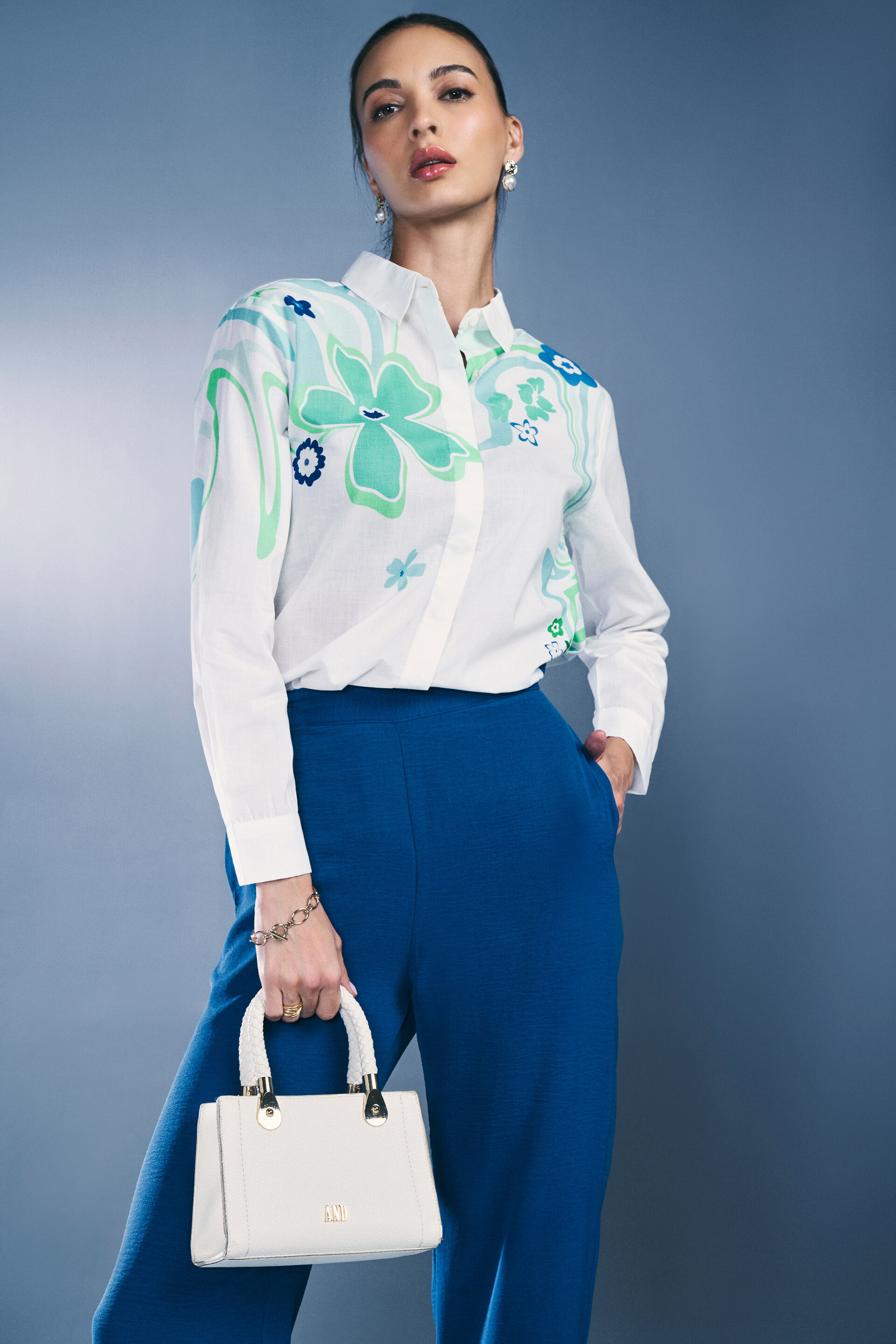 Floral Splash Cotton Shirt, White, image 4