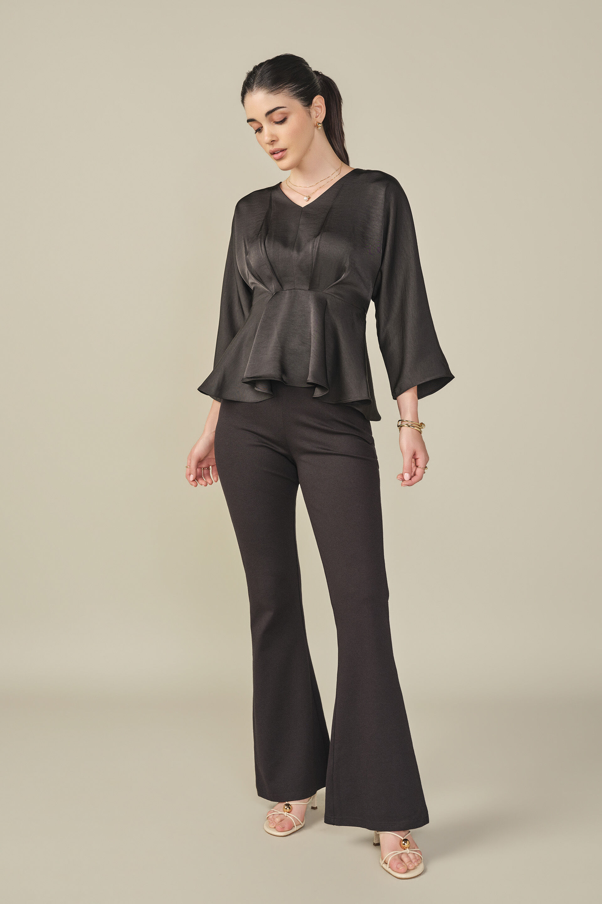 Fit & Flare Satin Top in Black, Black, image 4