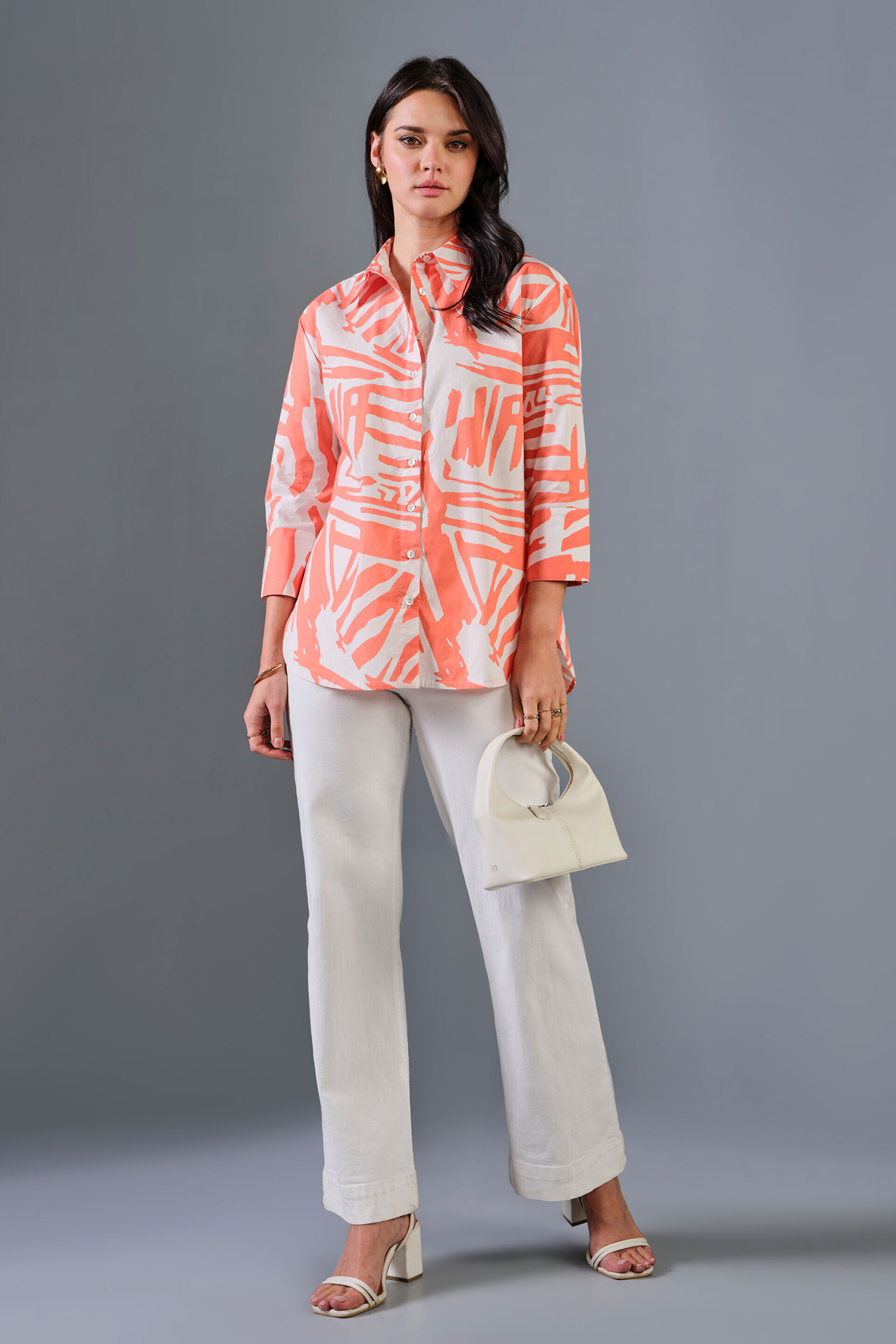 Clementine Strokes Cotton Shirt, Orange, image 3