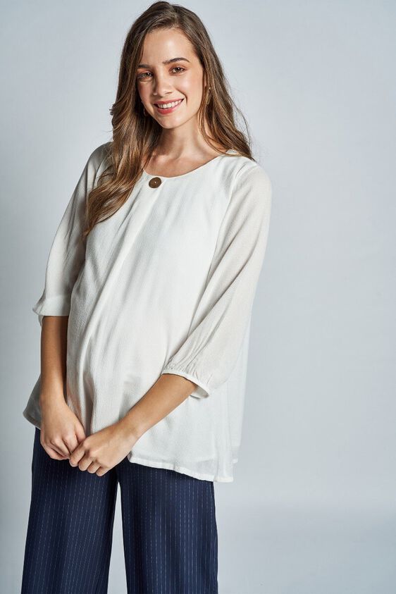 2 - White Pleated Round Neck Maternity Blouse Top, image 2