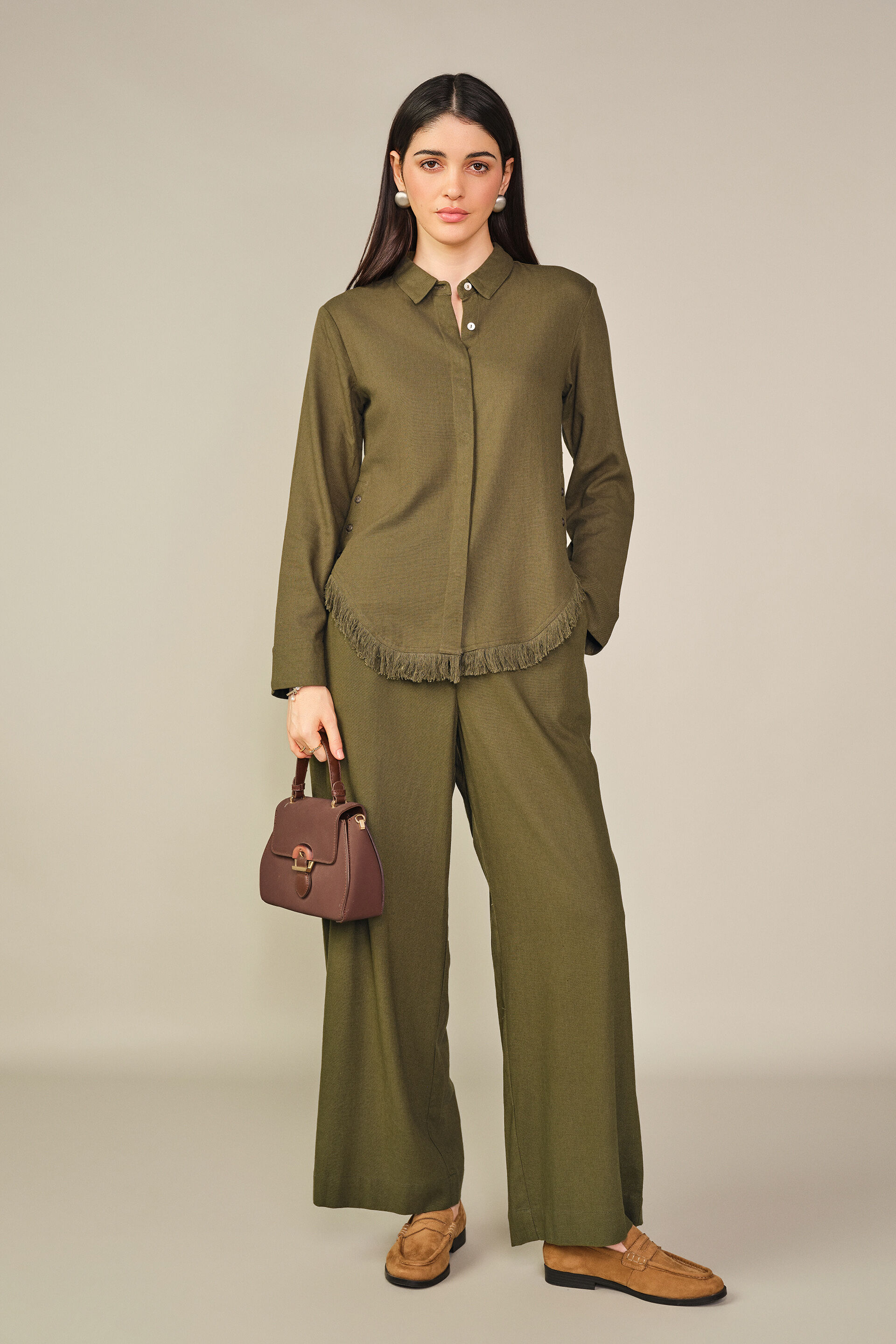 Solid Ruffle Detail Shirt in Olive, Olive, image 4