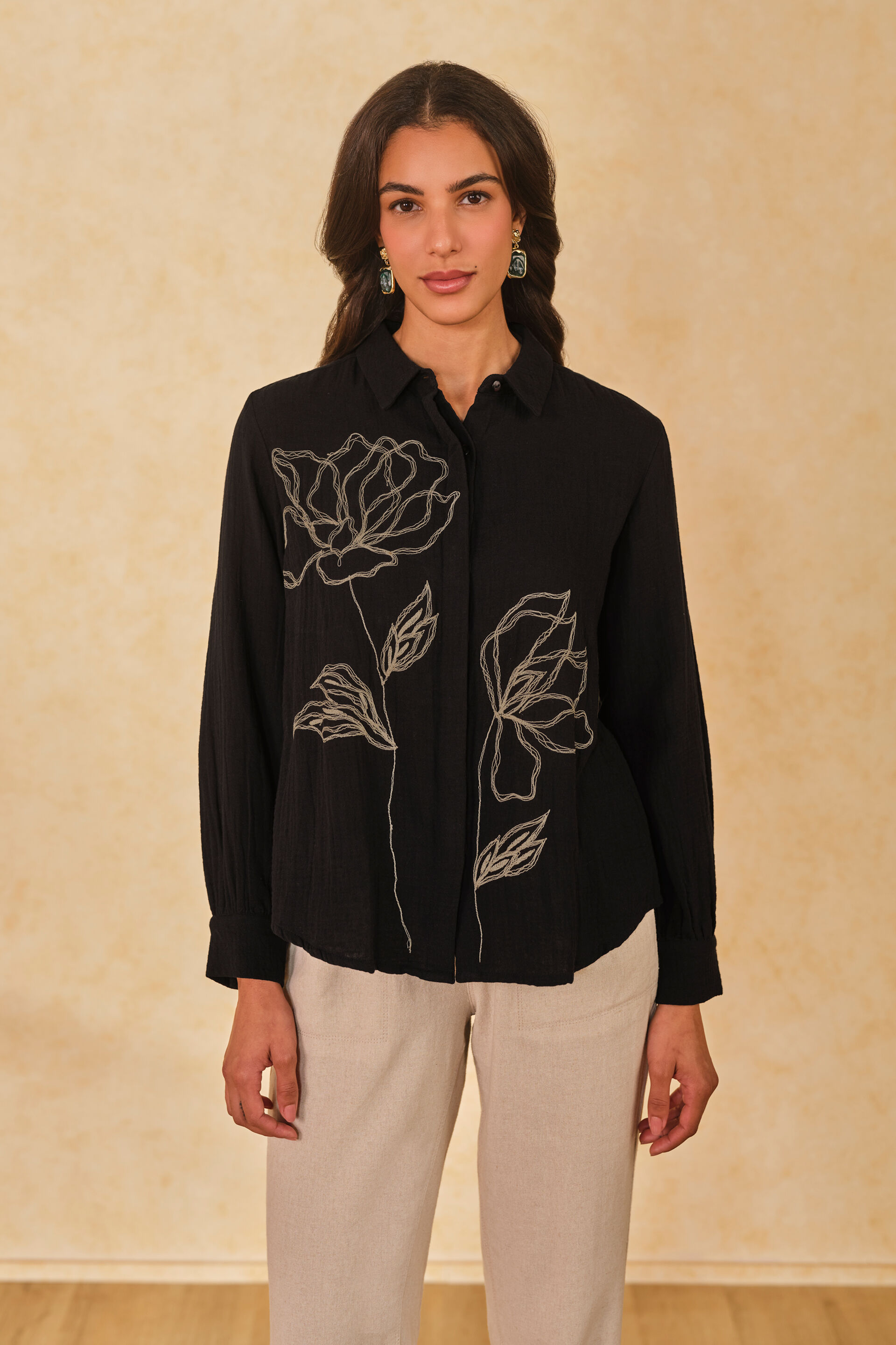 Midnight Garden Cotton Long Shirt, Black, image 1