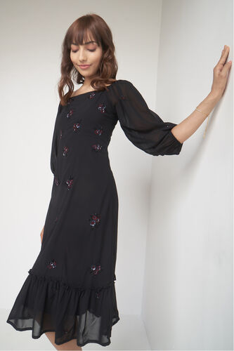 Black Floral Flared Dress, Black, image 5