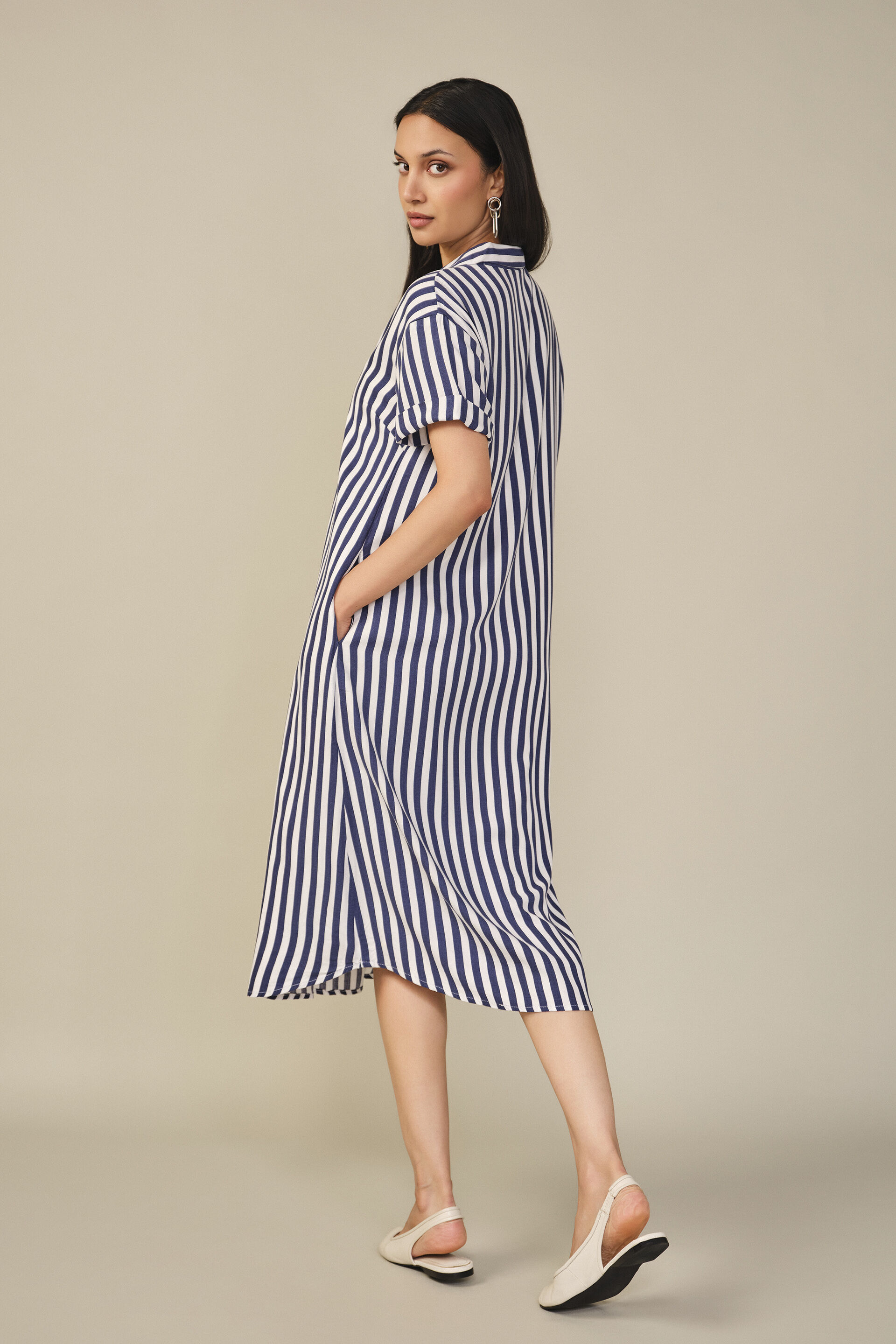 Striped Midi Dress in Navy, Navy, image 6
