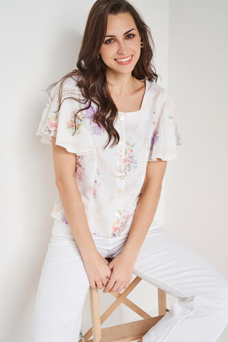 Cream Floral Flared Top, Cream, image 1