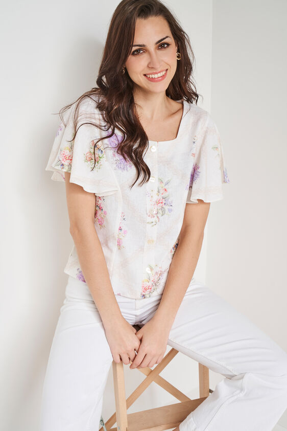 Cream Floral Flared Top, Cream, image 1