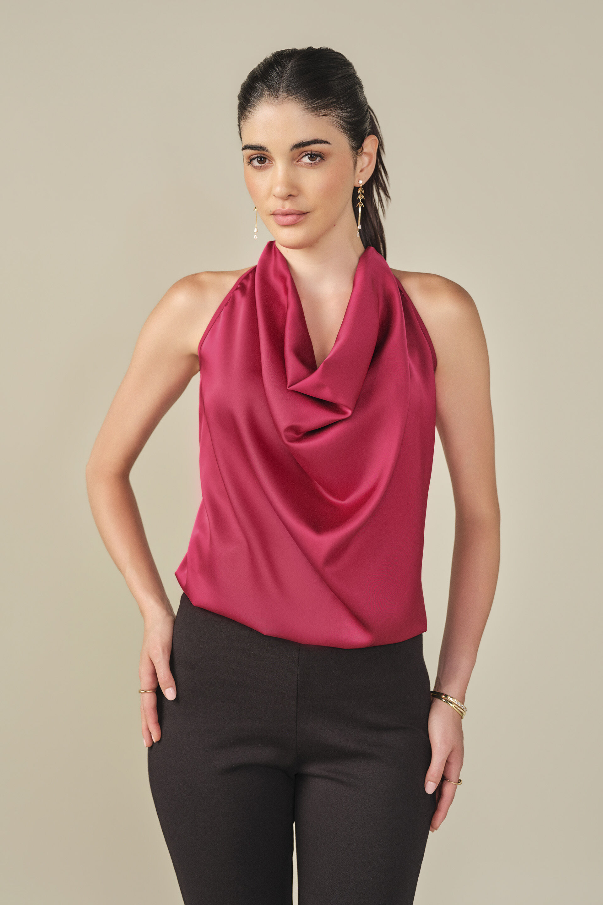 Cowl Neck Satin Top in Red