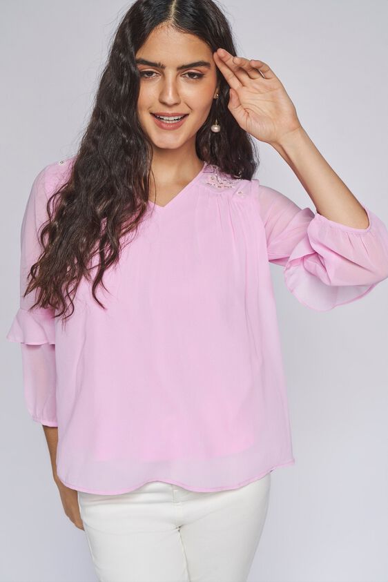 2 - Pink Solid Blouson Top, image 2