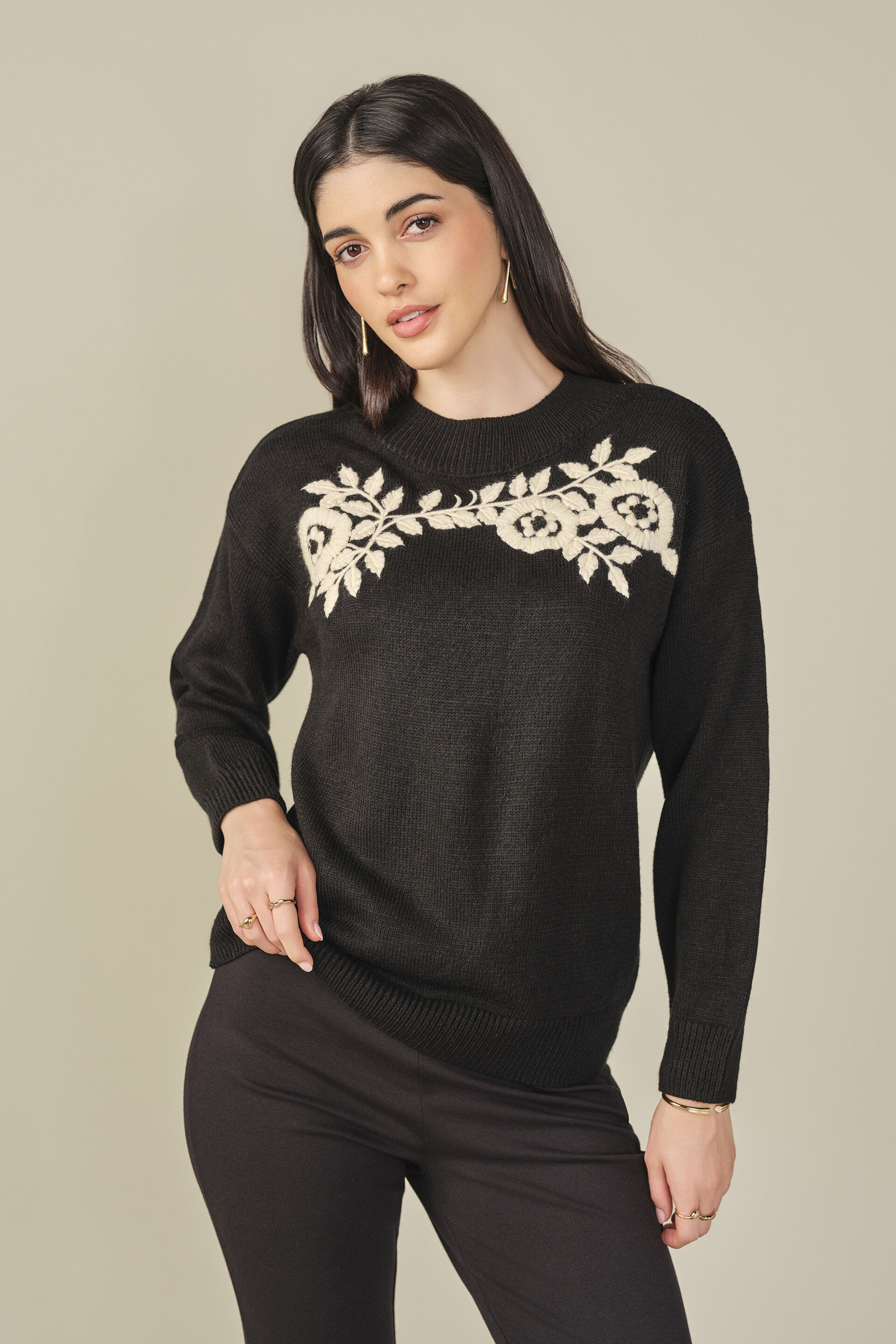 Embroidered Knit Top in Black, Black, image 1