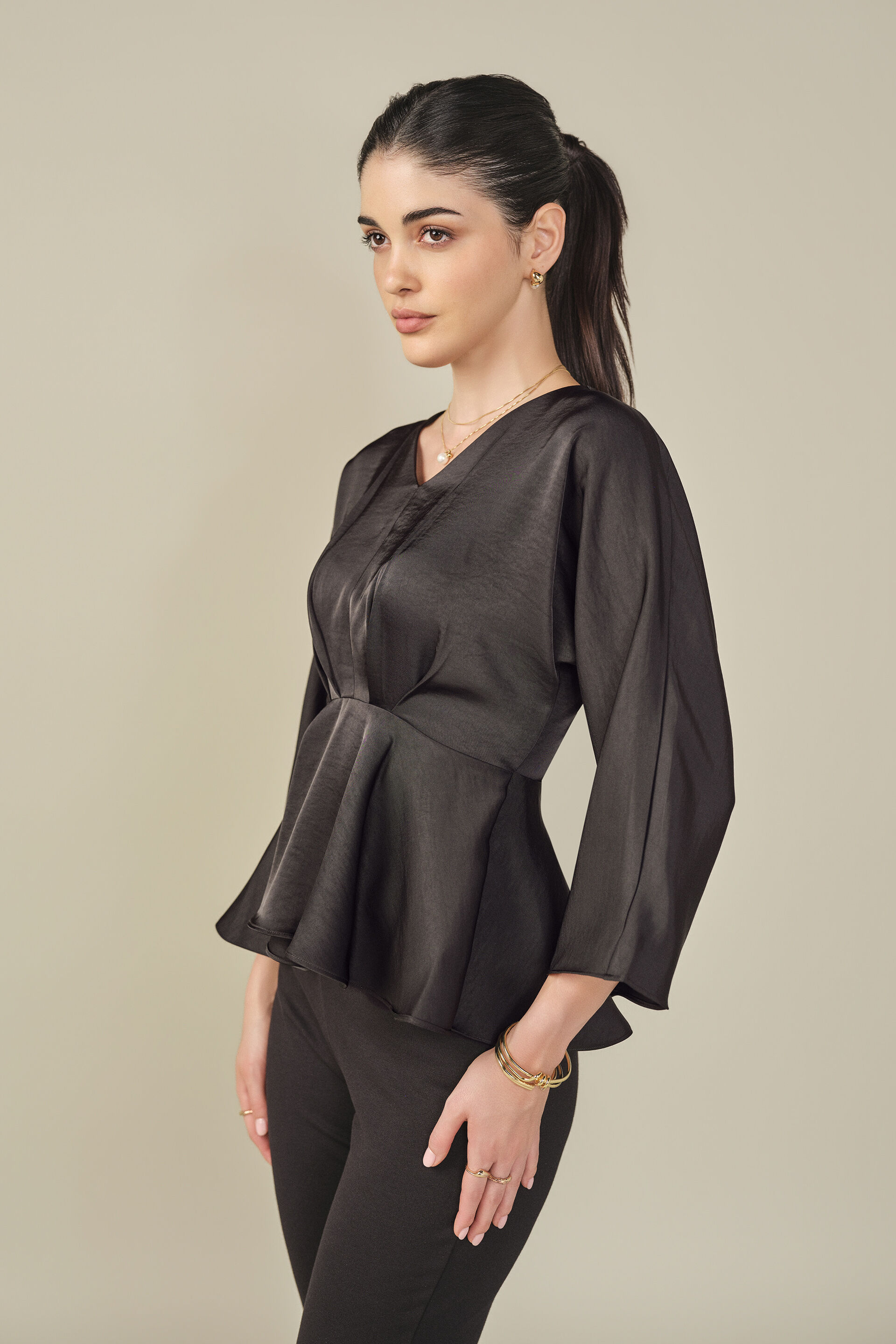 Fit & Flare Satin Top in Black, Black, image 5