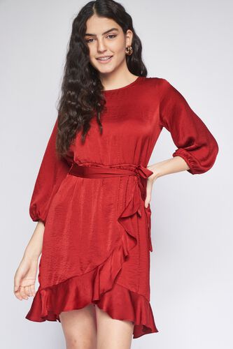 2 - Red Solid Curved Dress, image 2