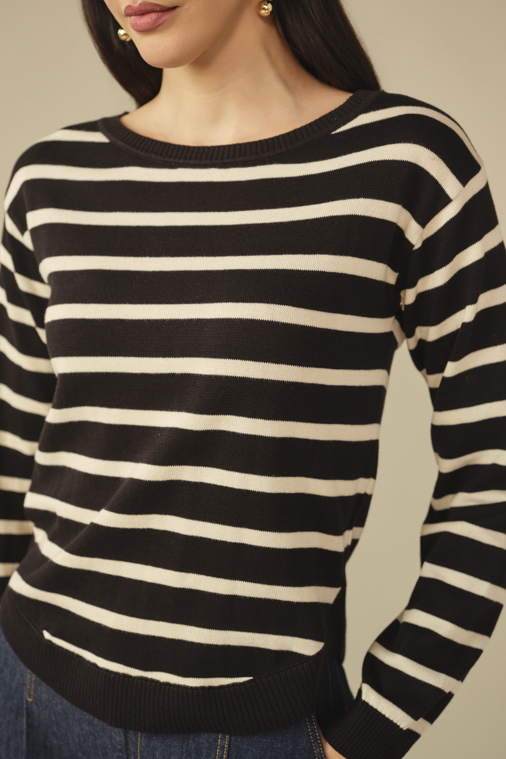 Striped Cotton Pullover in Black, Black, image 2