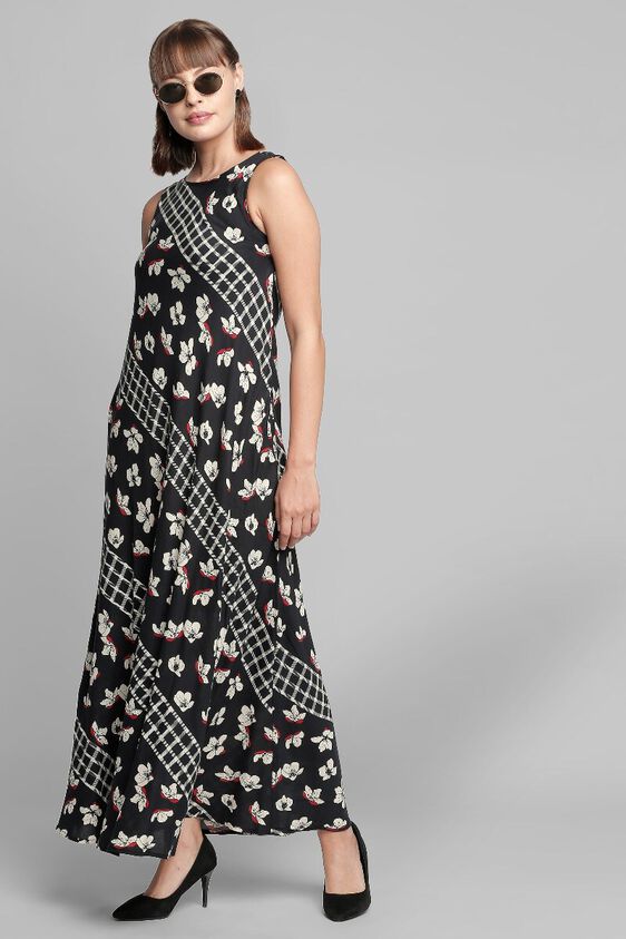3 - Black Floral Round Neck Fit and Flare Sleeveless Gown, image 3