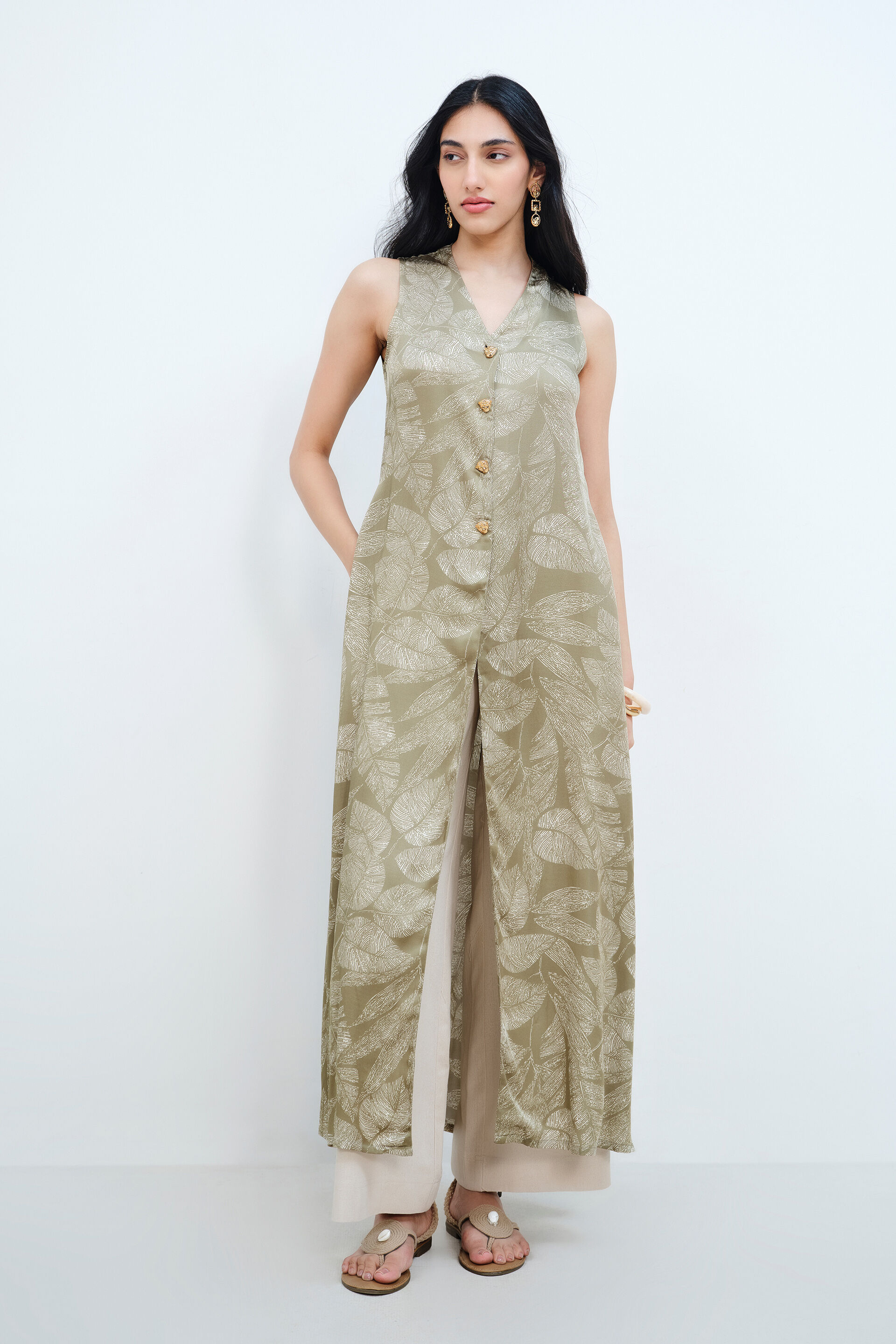 Leaf Imprint Longline Modal Co-ord Set, Green, image 1