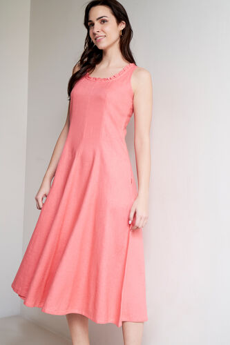 Peach Linen Flared Dress, Coral, image 3