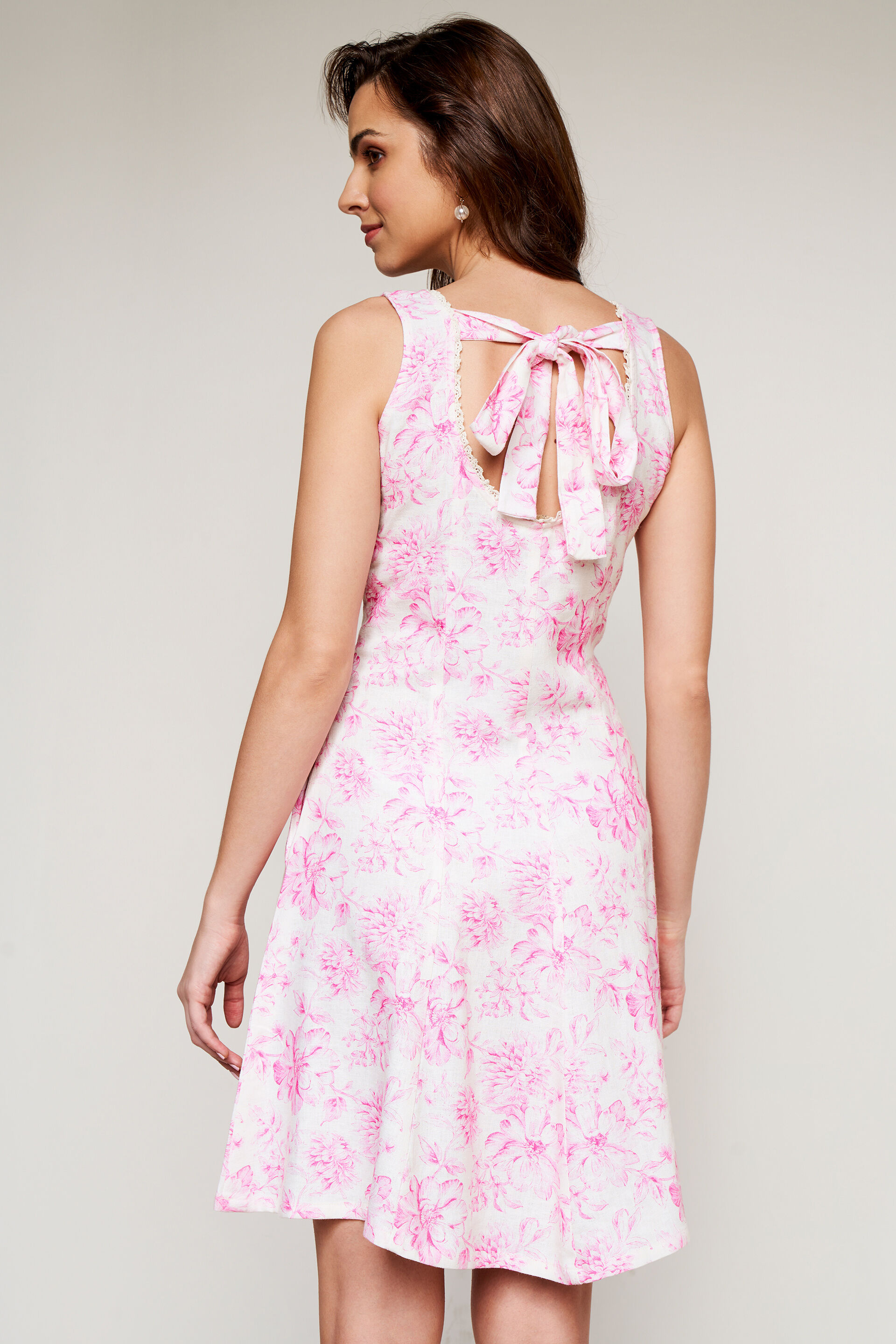 Cream And Pink Floral Flared Dress, Cream, image 4