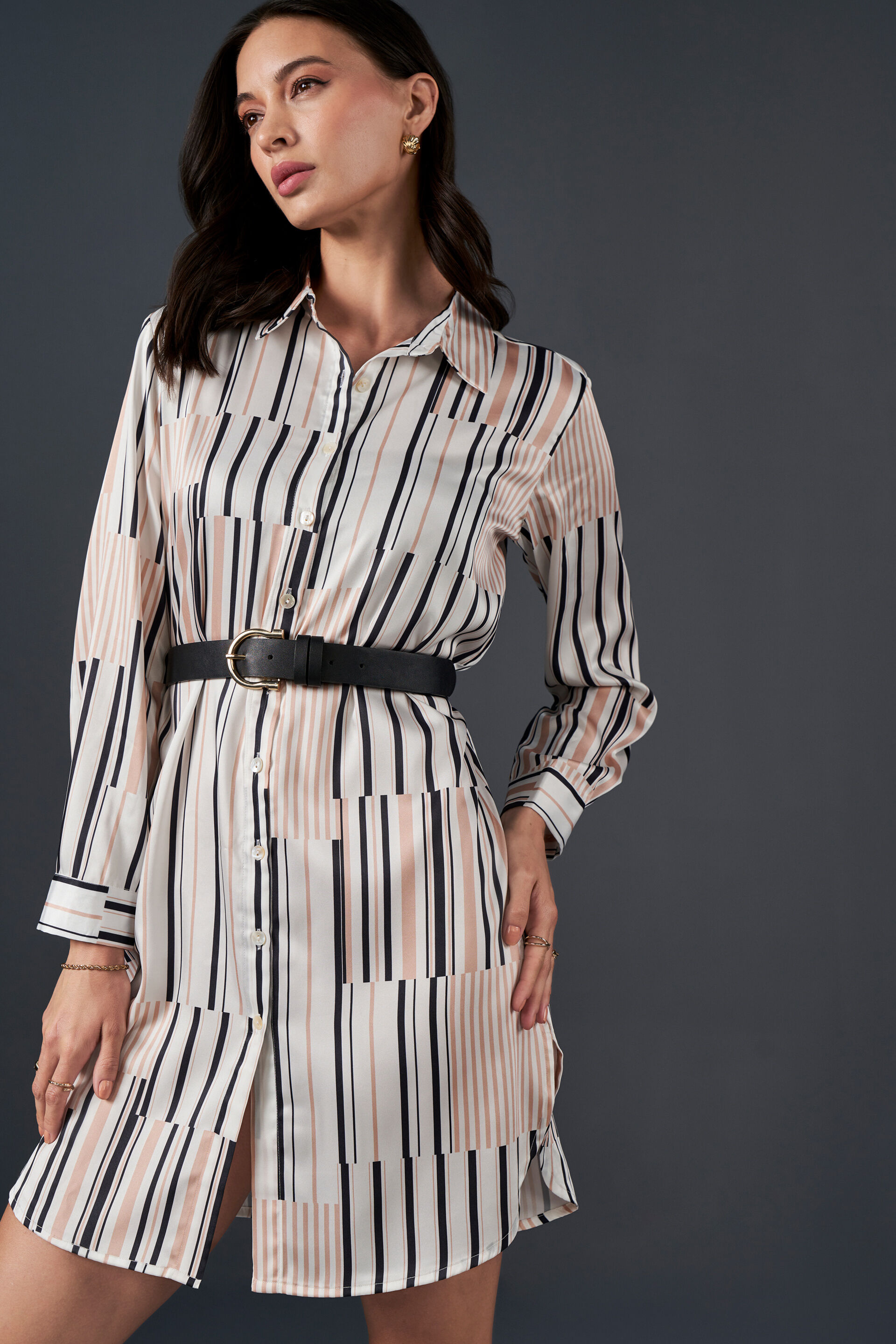 Play on Stripes Shirt Dress, Beige, image 5