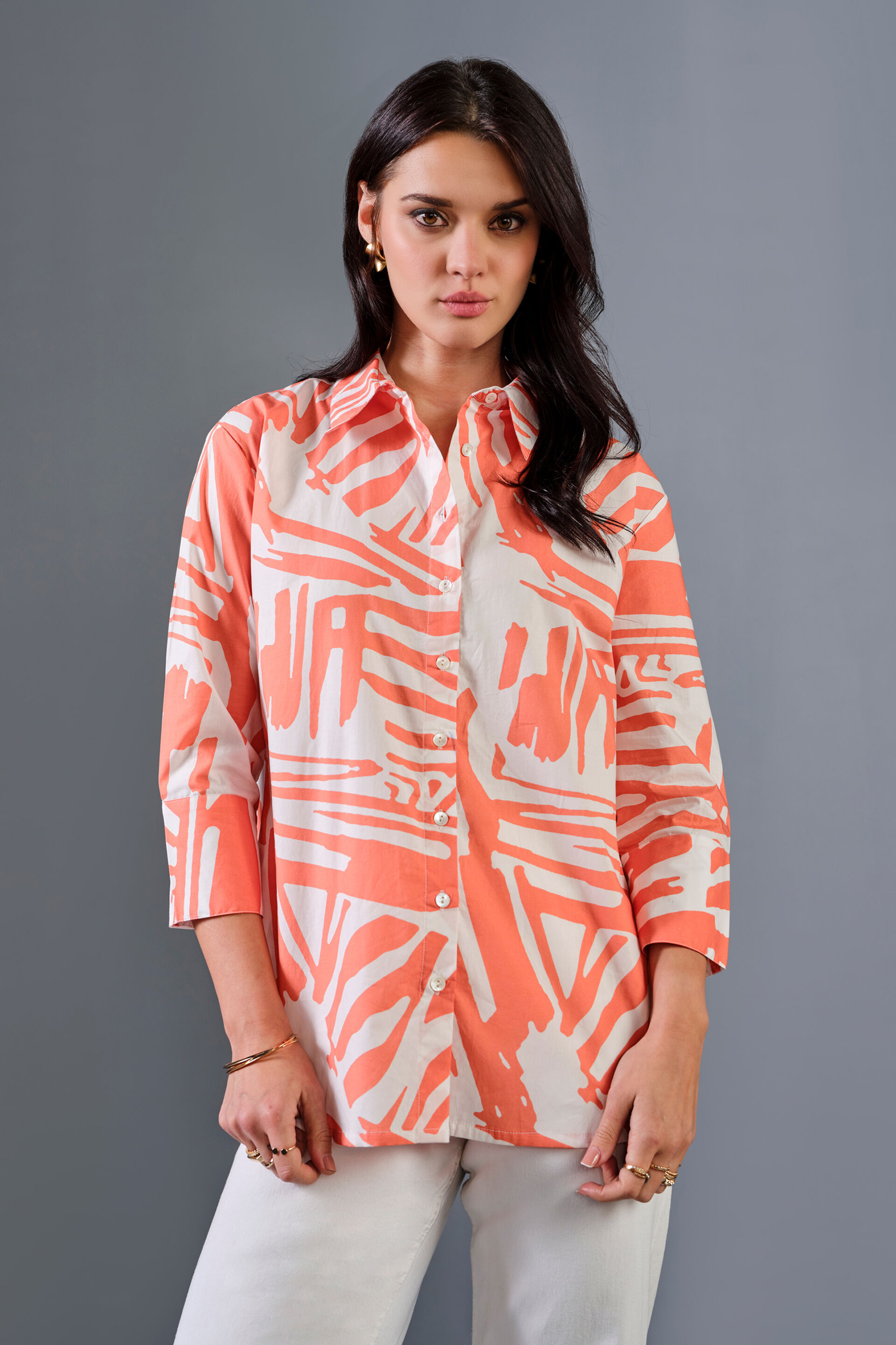 Clementine Strokes Cotton Shirt, Orange, image 1