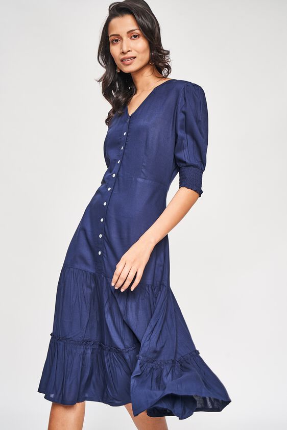 3 - Navy Blue Solid A-Line Dress, image 3
