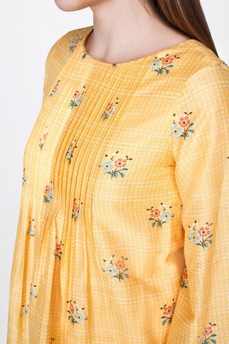 5 - Yellow Floral Pleated Round Neck Peplum Top, image 5