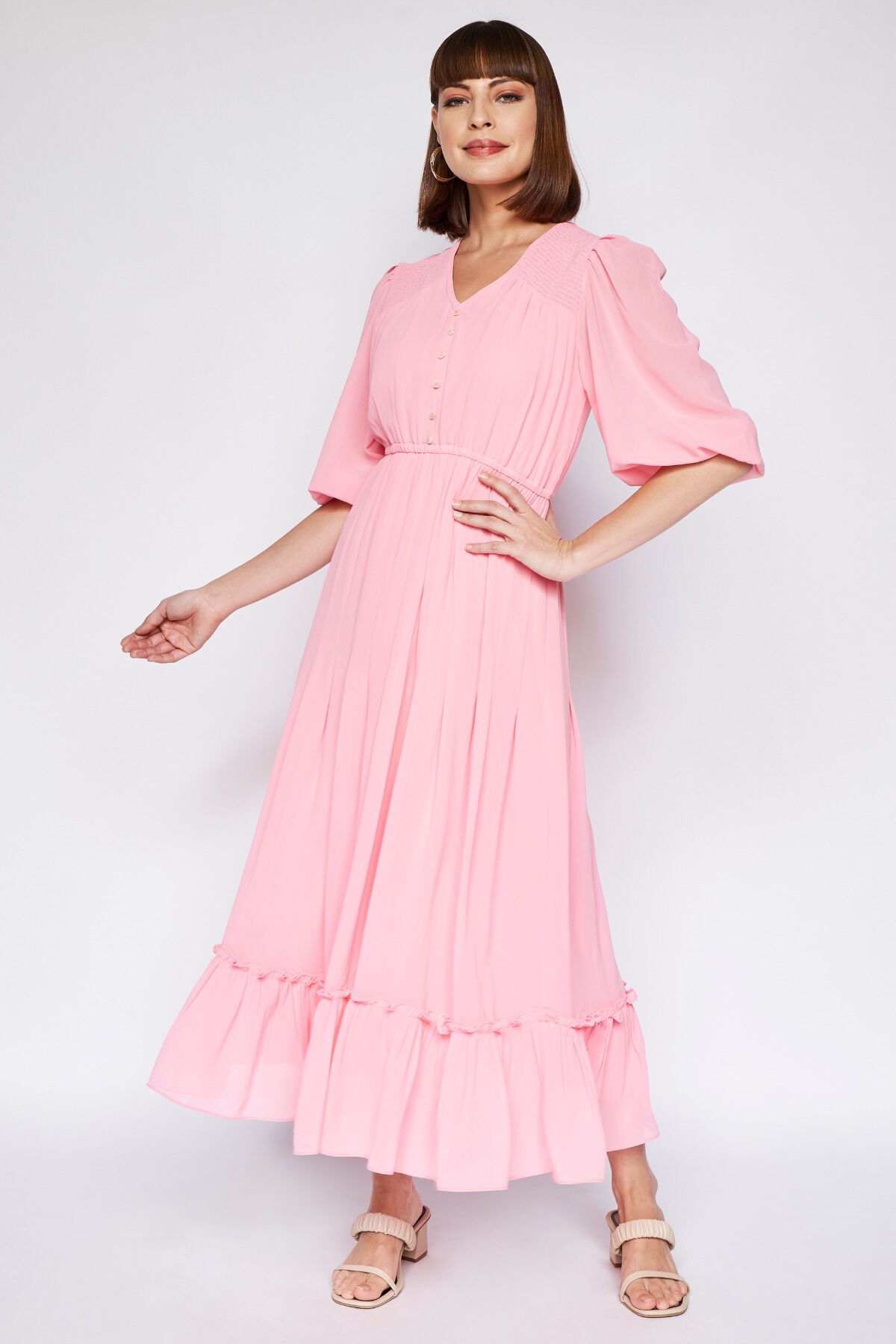 Flared Solid Straight Dress, Coral, image 1