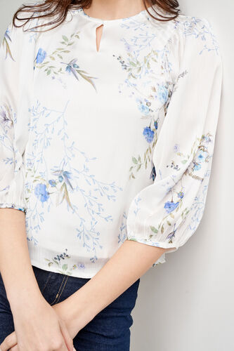 White Floral Pleated Top, White, image 6