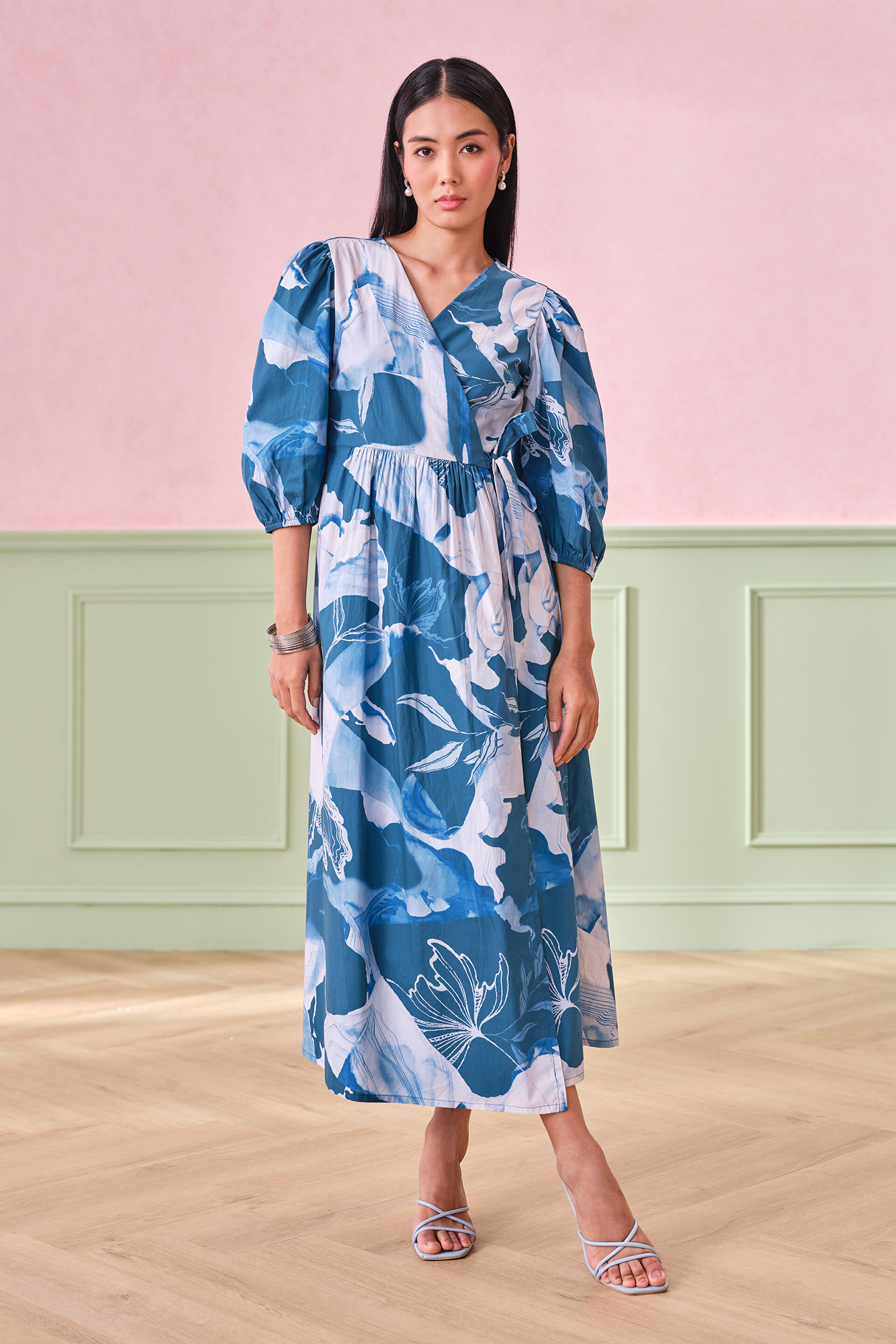 Coastal Clouds Cotton Wrap Dress, Turquoise, image 2