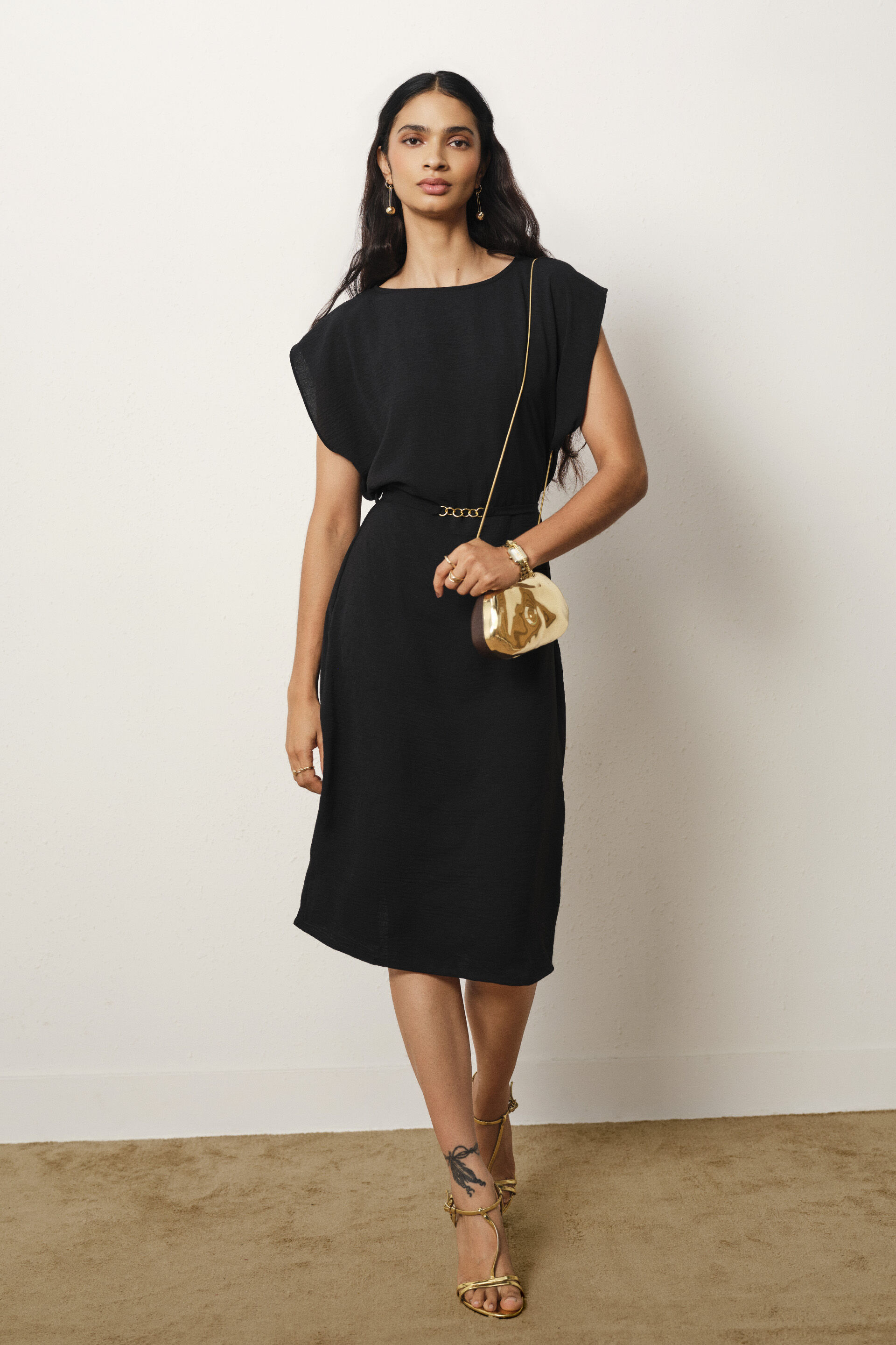 Solid Midi Dress in Black, Black, image 5