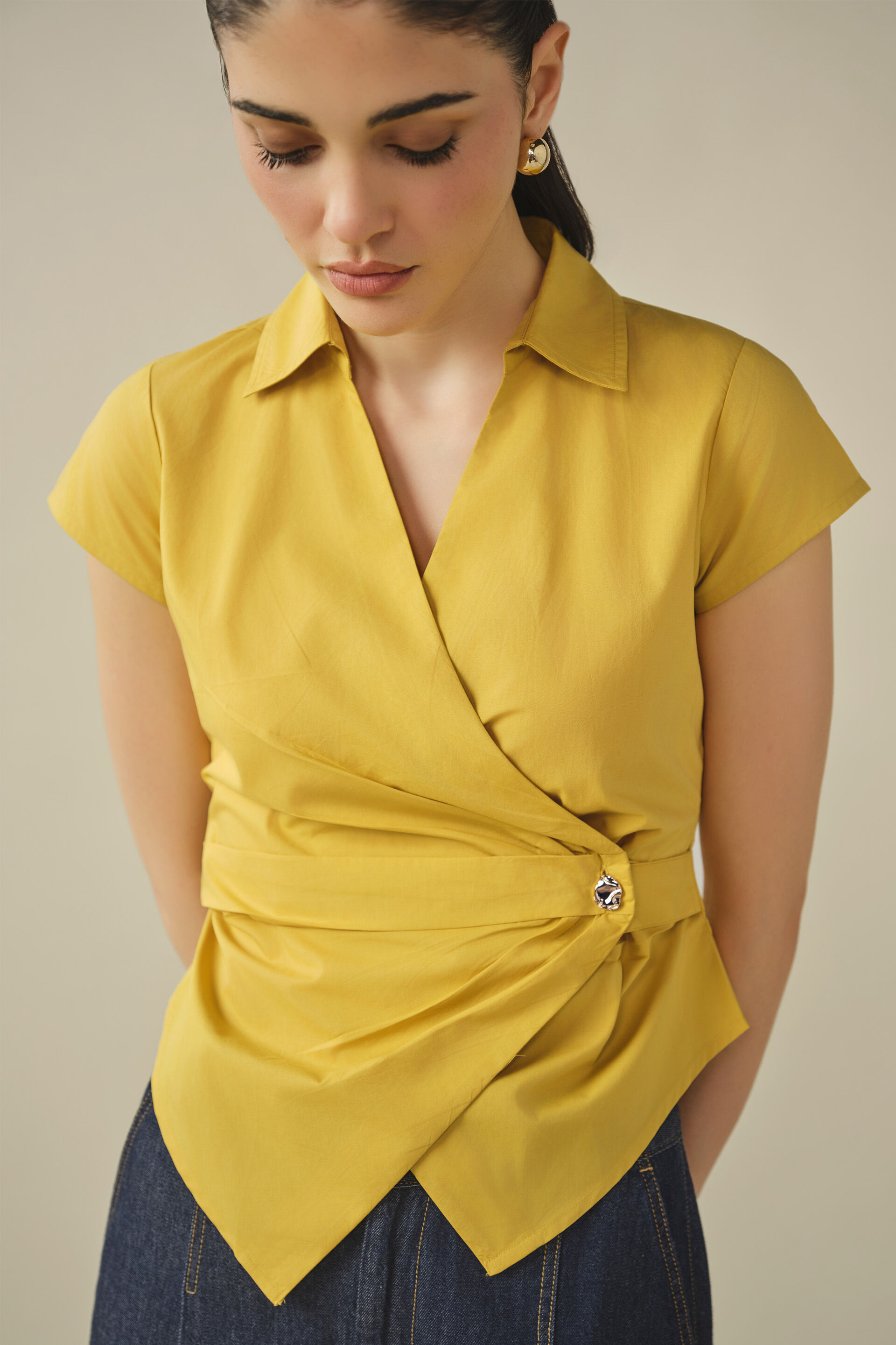 Wrap Cotton Top in Yellow, Mustard, image 2