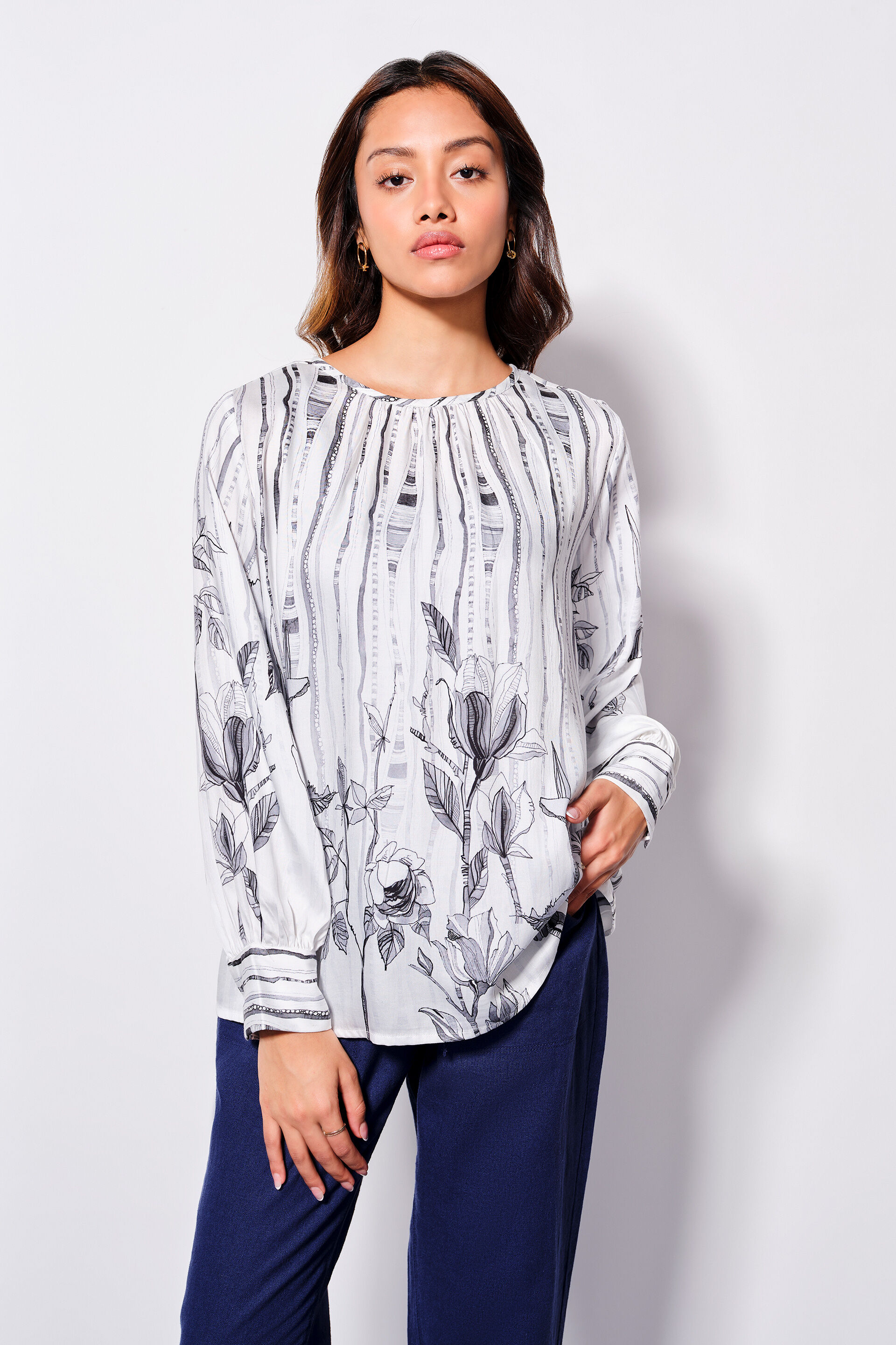 Floral Whimsy Viscose Blend Top, White, image 1