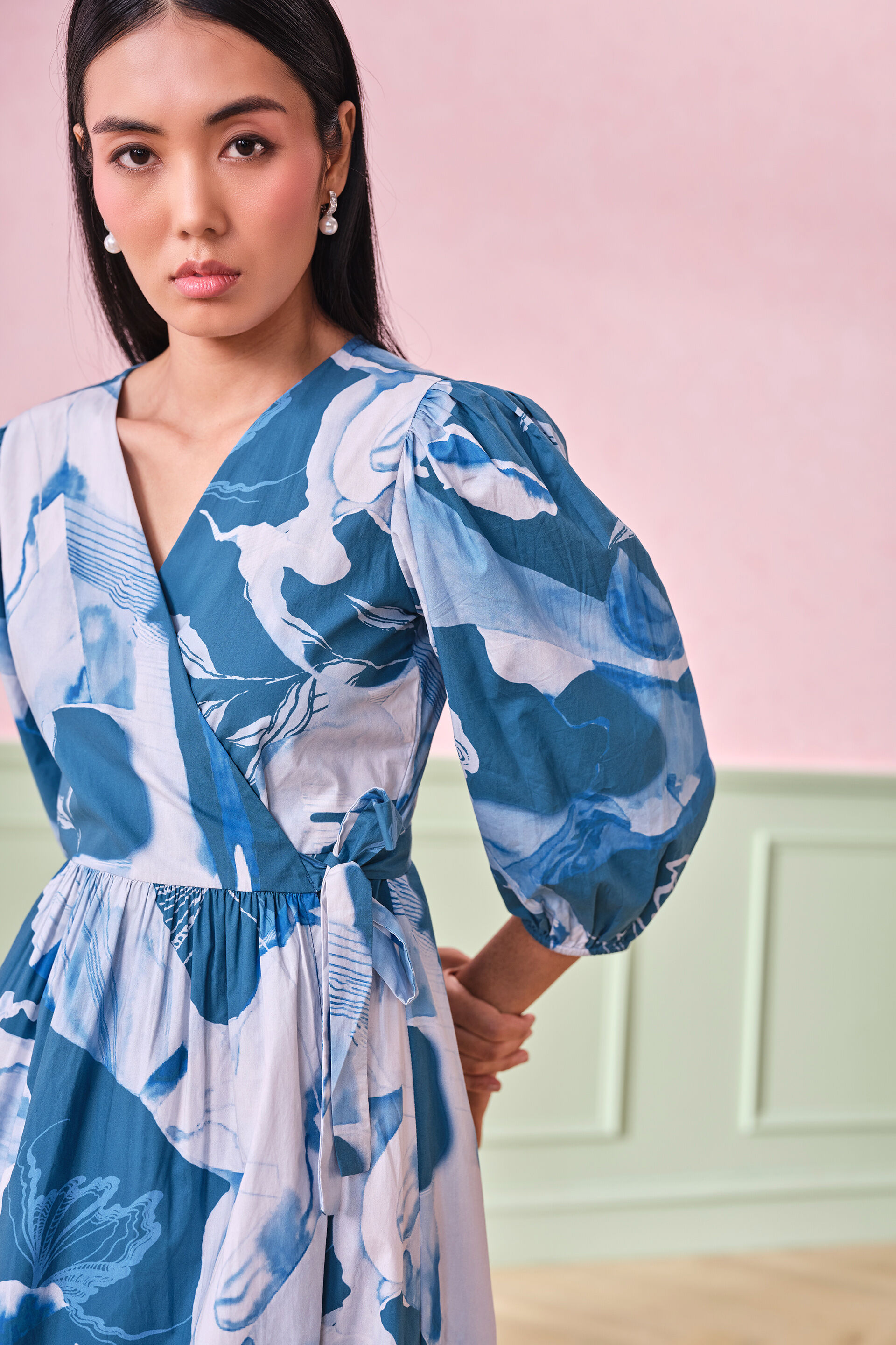 Coastal Clouds Cotton Wrap Dress, Turquoise, image 4