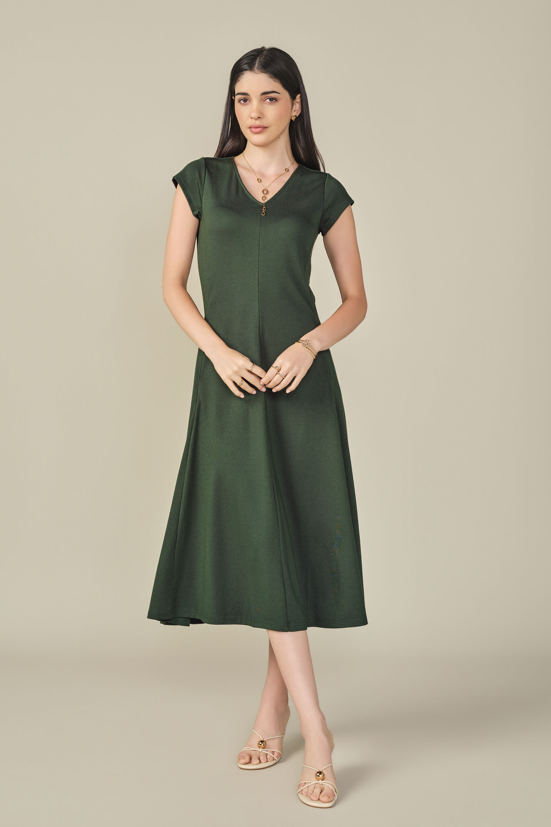Solid Fit & Flare Midi Dress in Green