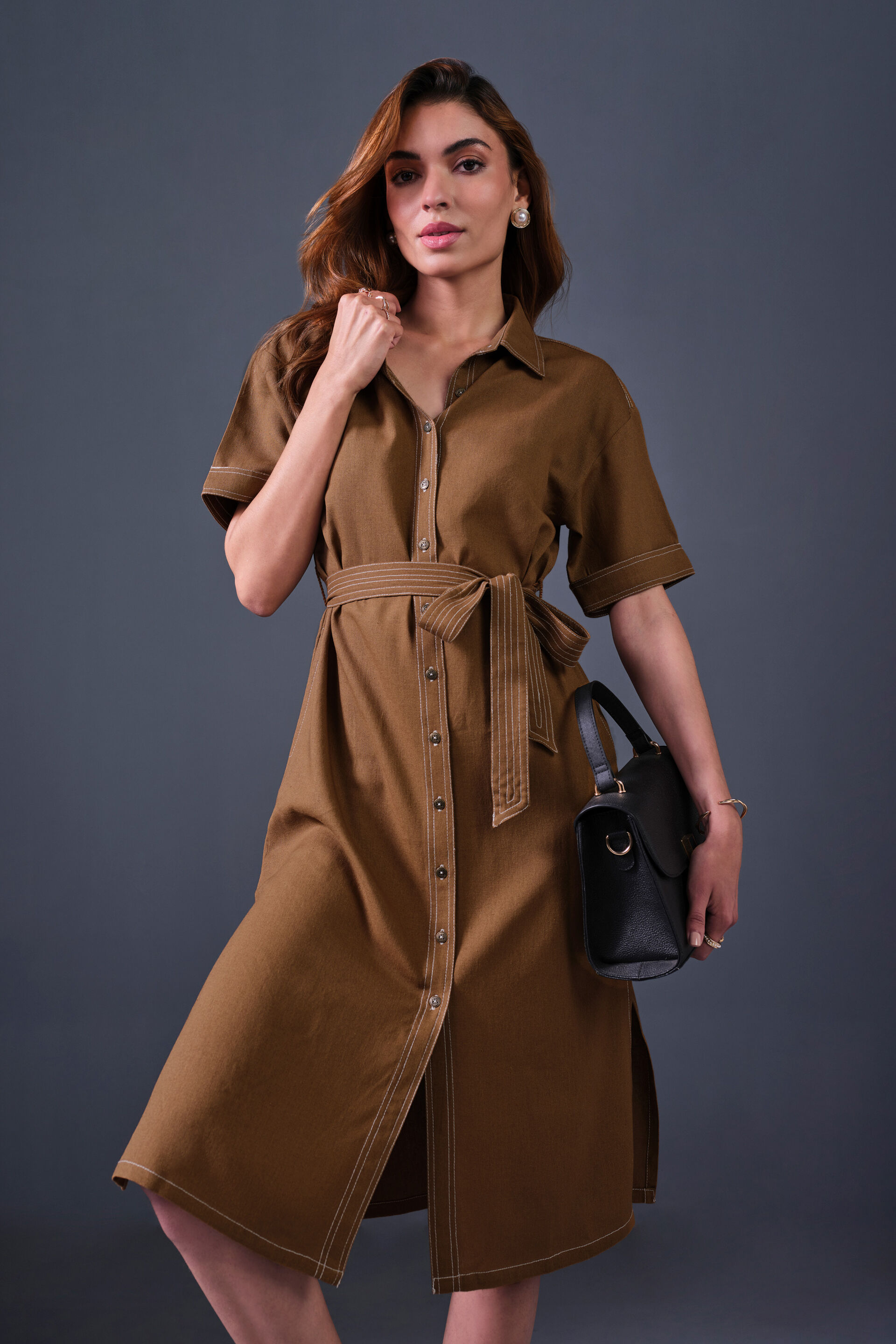 High On Contrast Rayon Dress, Brown, image 3