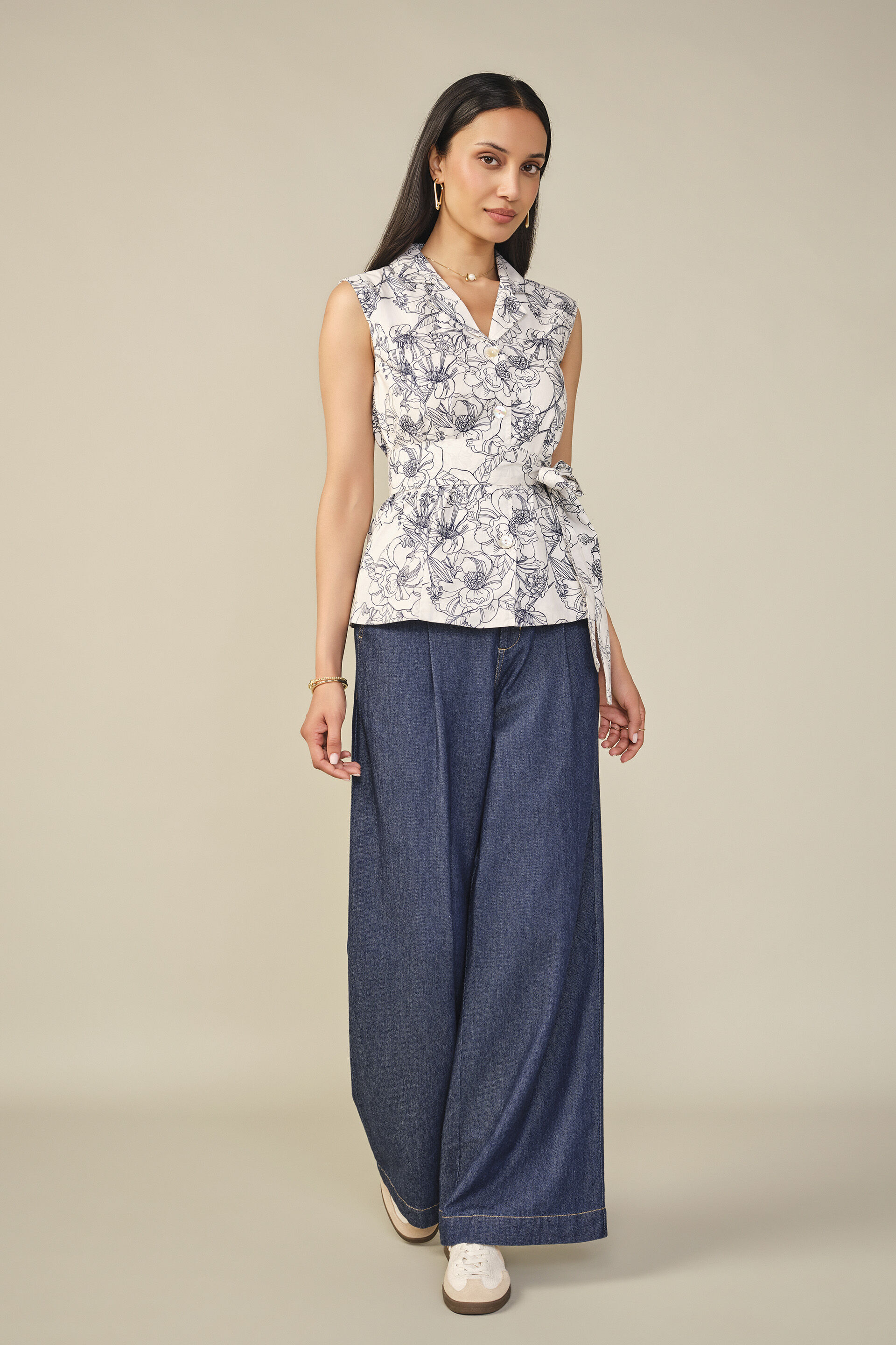 Tie-up Floral Print Cotton Blazer, Blue, image 4