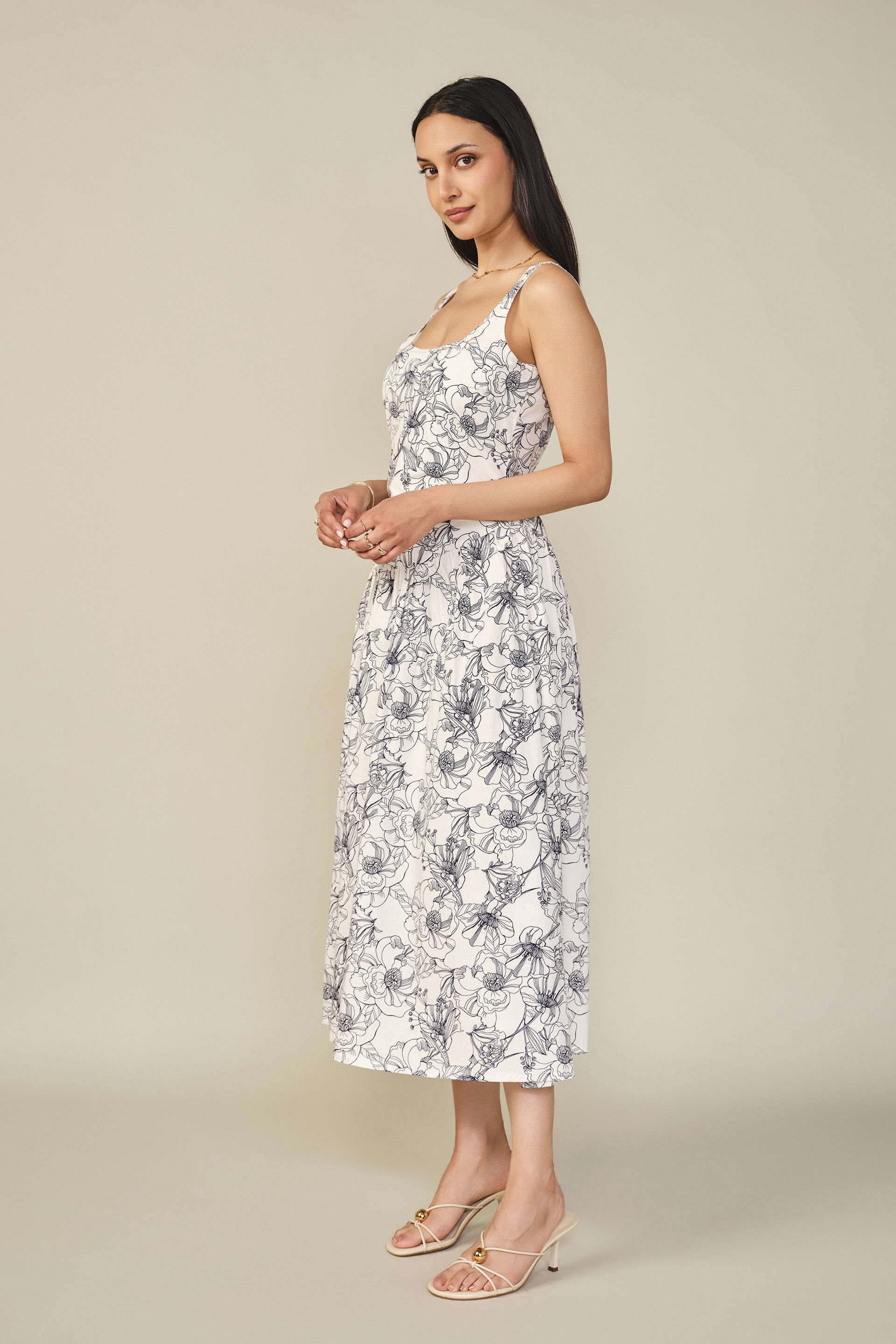 Fit & Flare Floral Printed Cotton Dress in Blue, Blue, image 5