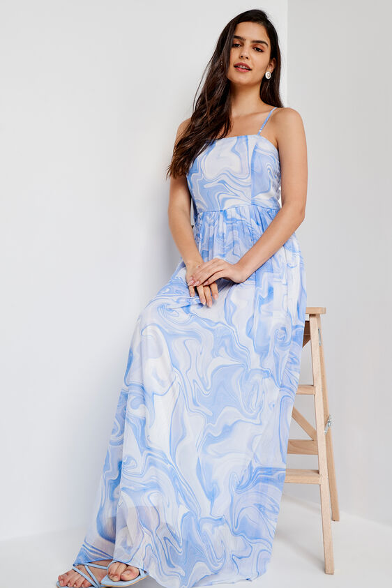 Blue and White Abstract Flared Gown, Blue, image 1