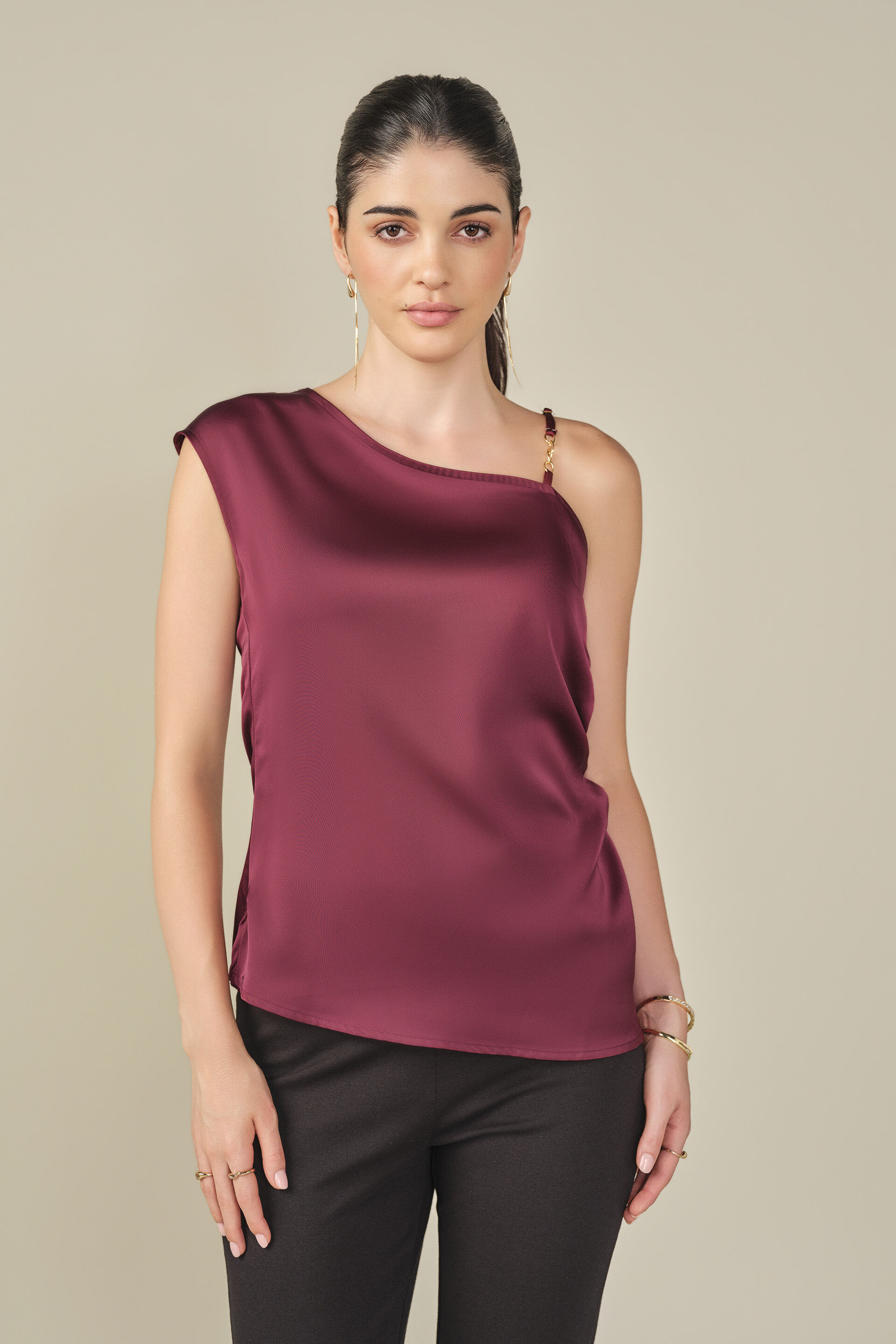 One-shoulder Satin Top in Wine, Wine, image 1