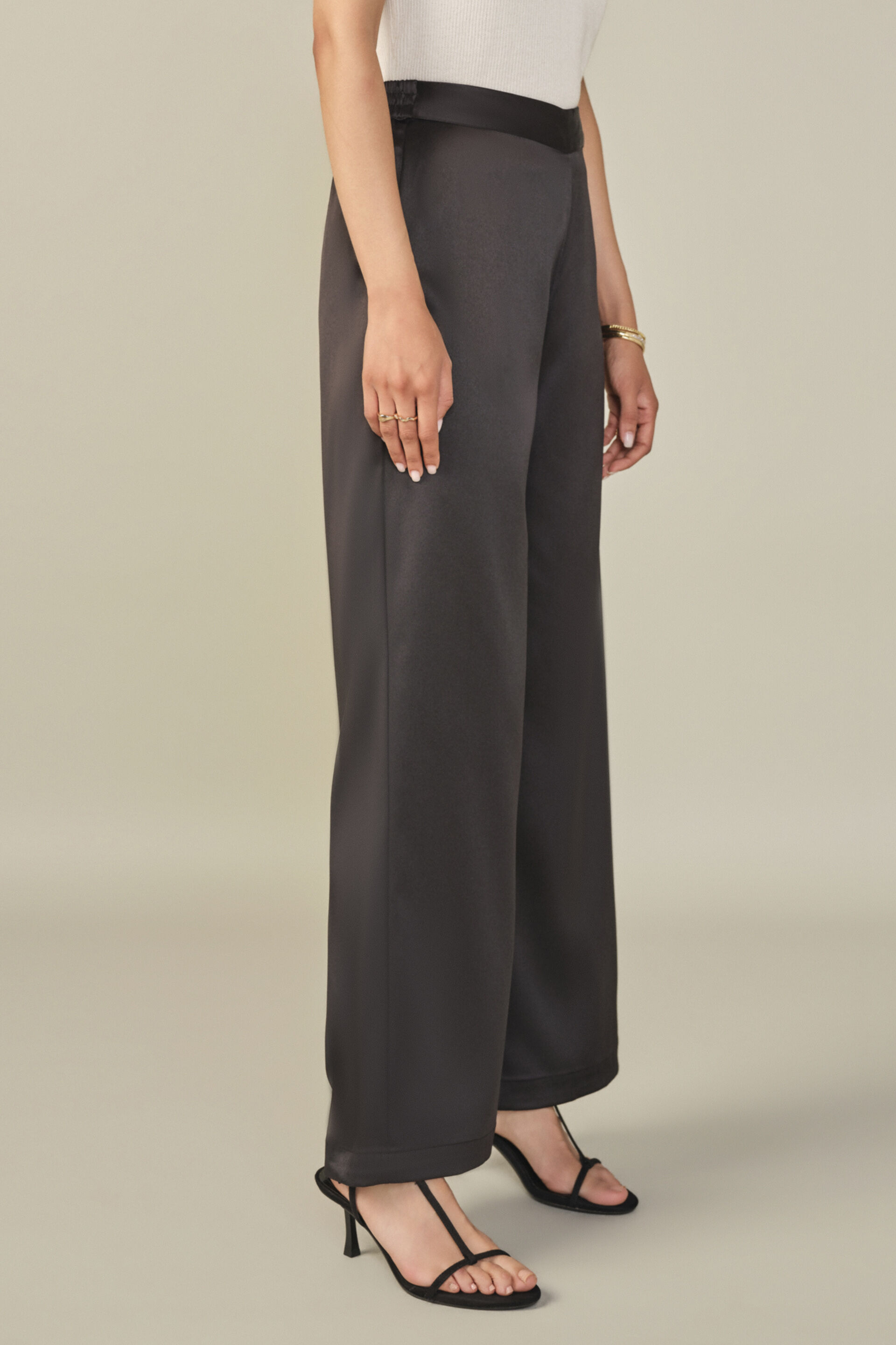 Satin Trousers in Black, Black, image 3