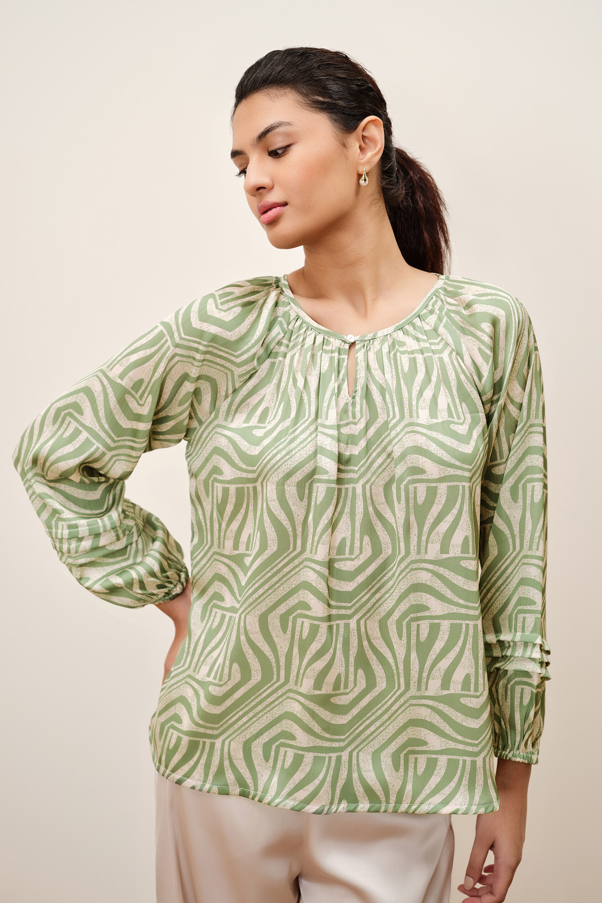 Sage Pleated Satin Top, Green, image 2