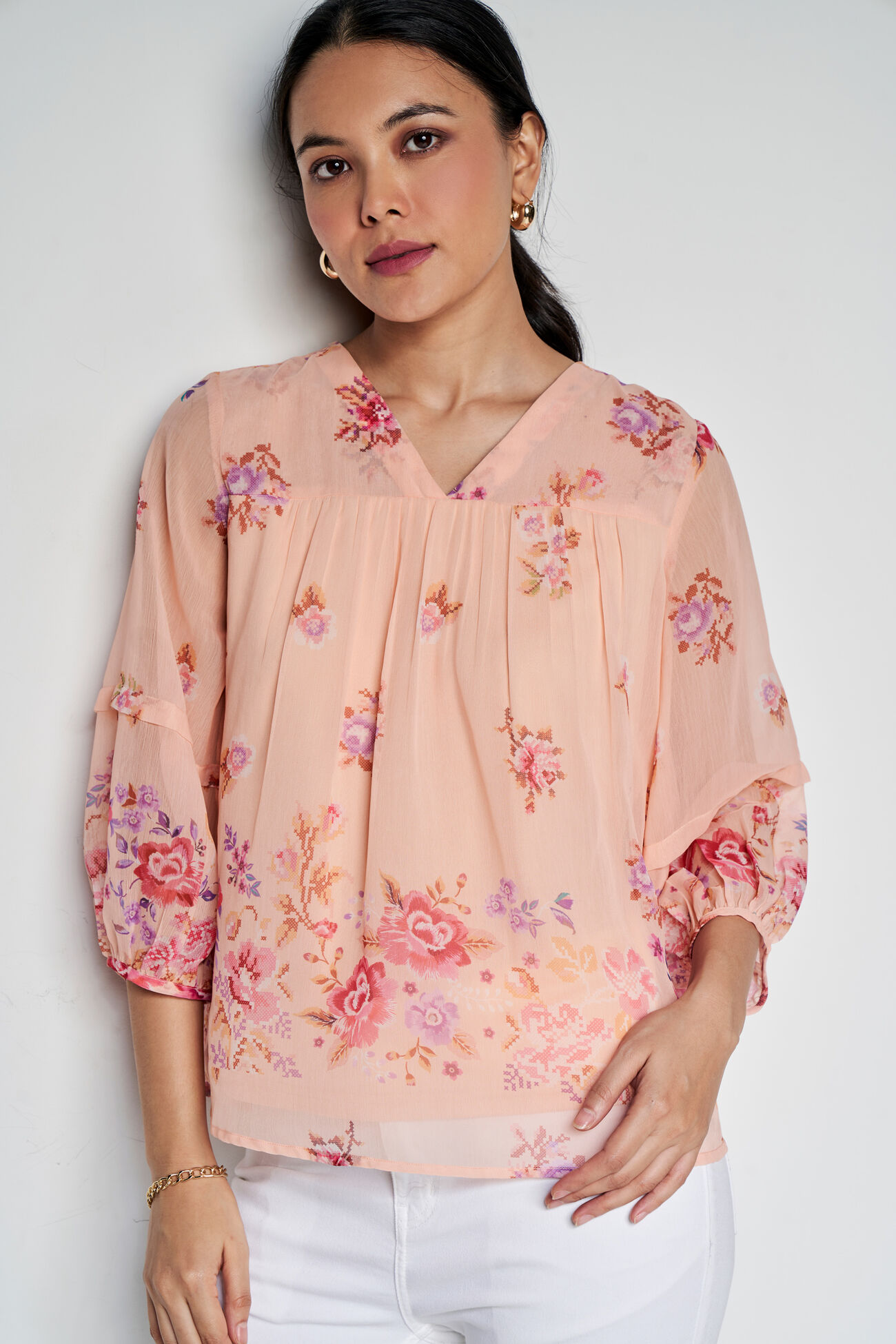 Sunup Floral Top, Peach, image 2