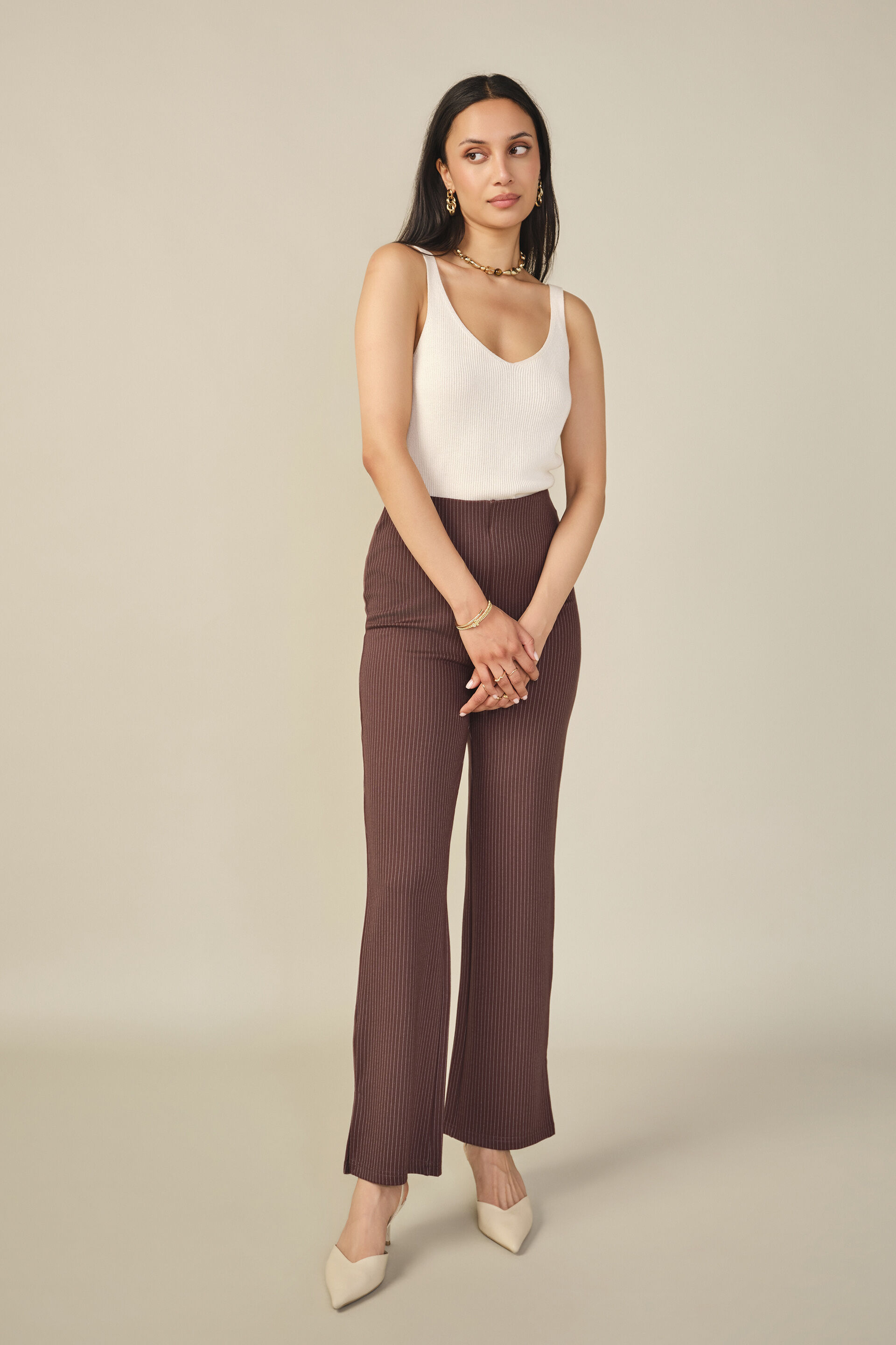 Knitted Brown High-Rise Pants, Brown, image 3