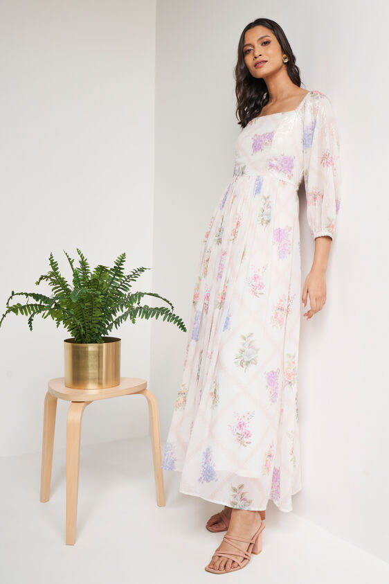 Cream Floral Flared Gown, Cream, image 2