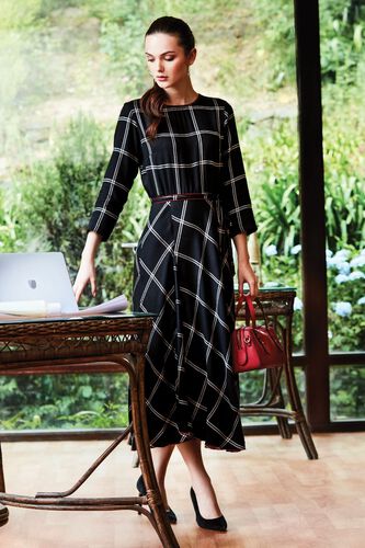1 - Black Checks Waist Belt Fit and Flare Midi Dress, image 1