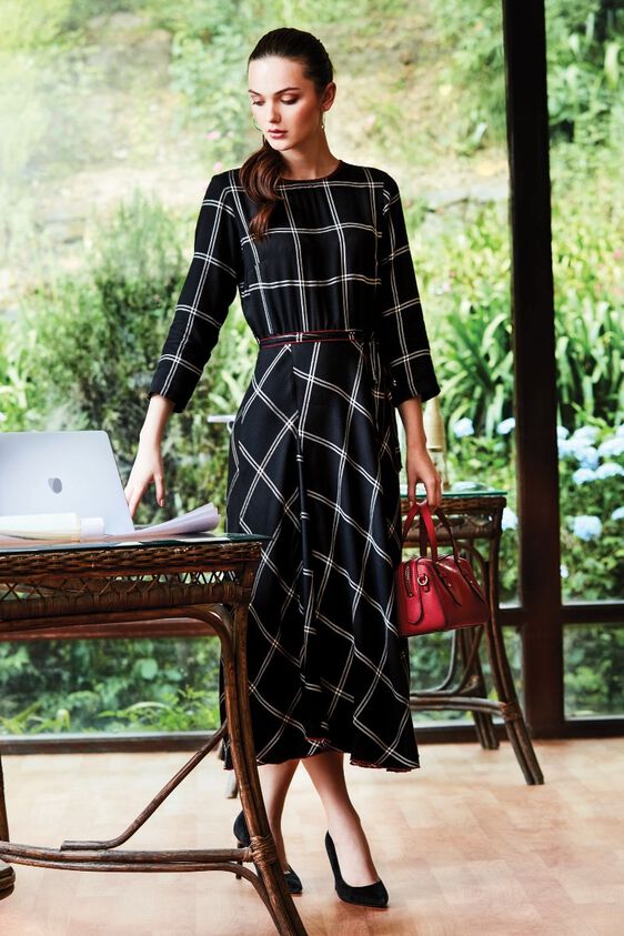 1 - Black Checks Waist Belt Fit and Flare Midi Dress, image 1