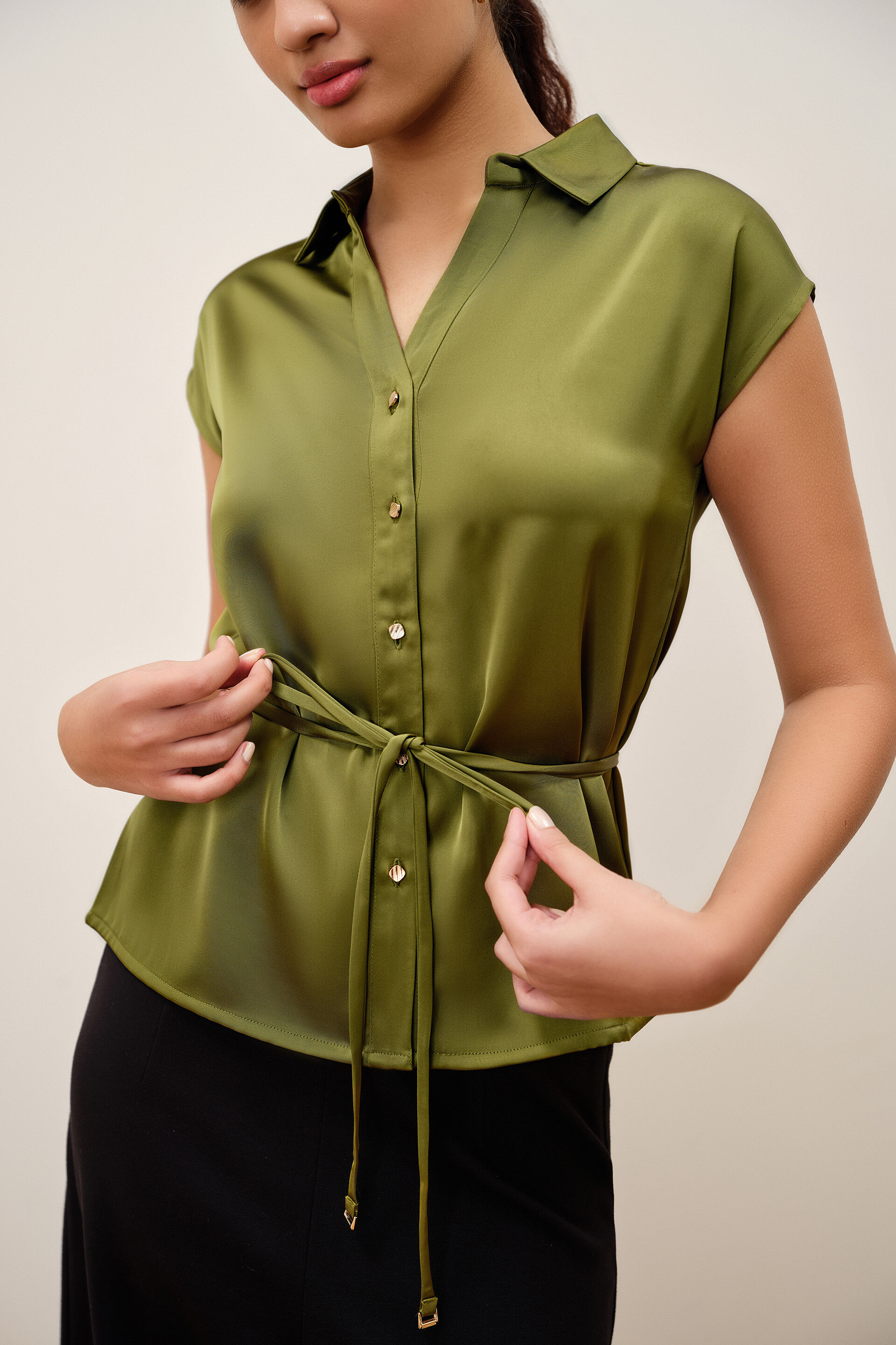 Calen Olive Satin Shirt, Olive, image 4