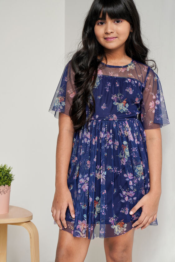 Navy Floral Flared Dress, Navy Blue, image 2